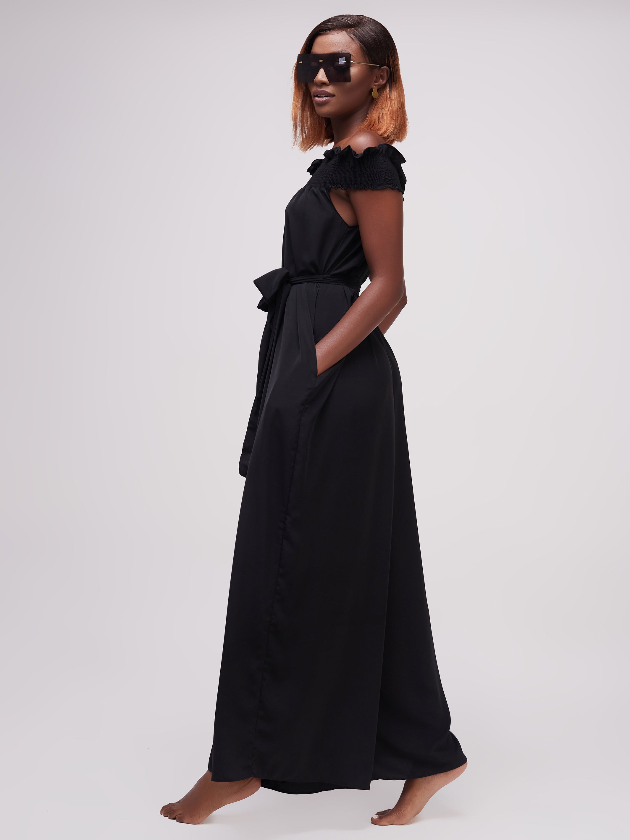 Vivo Alek Shirred Off- Shoulder Jumpsuit - Black