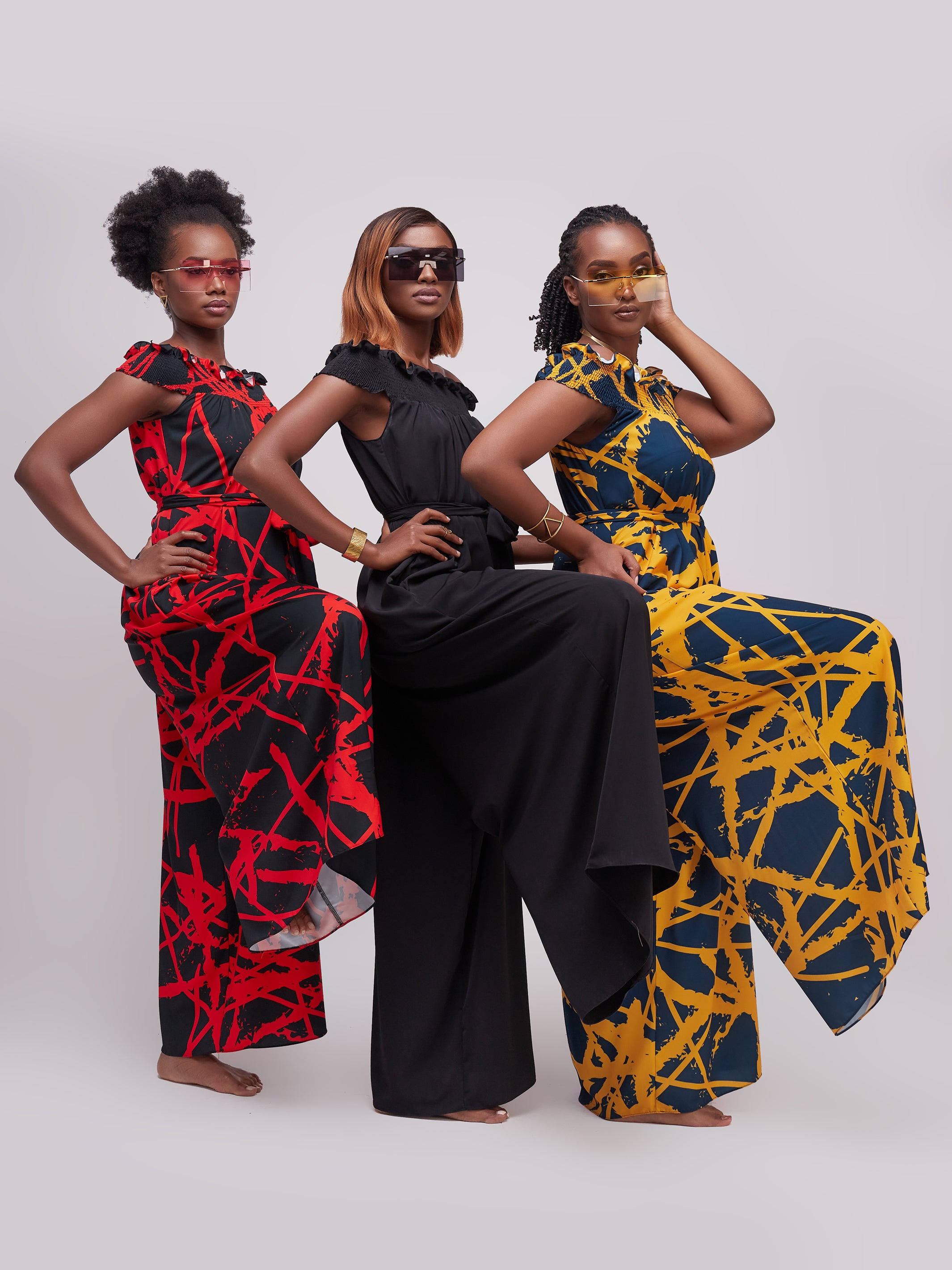 Vivo Alek Shirred Off- Shoulder Jumpsuit - Red / Black Print