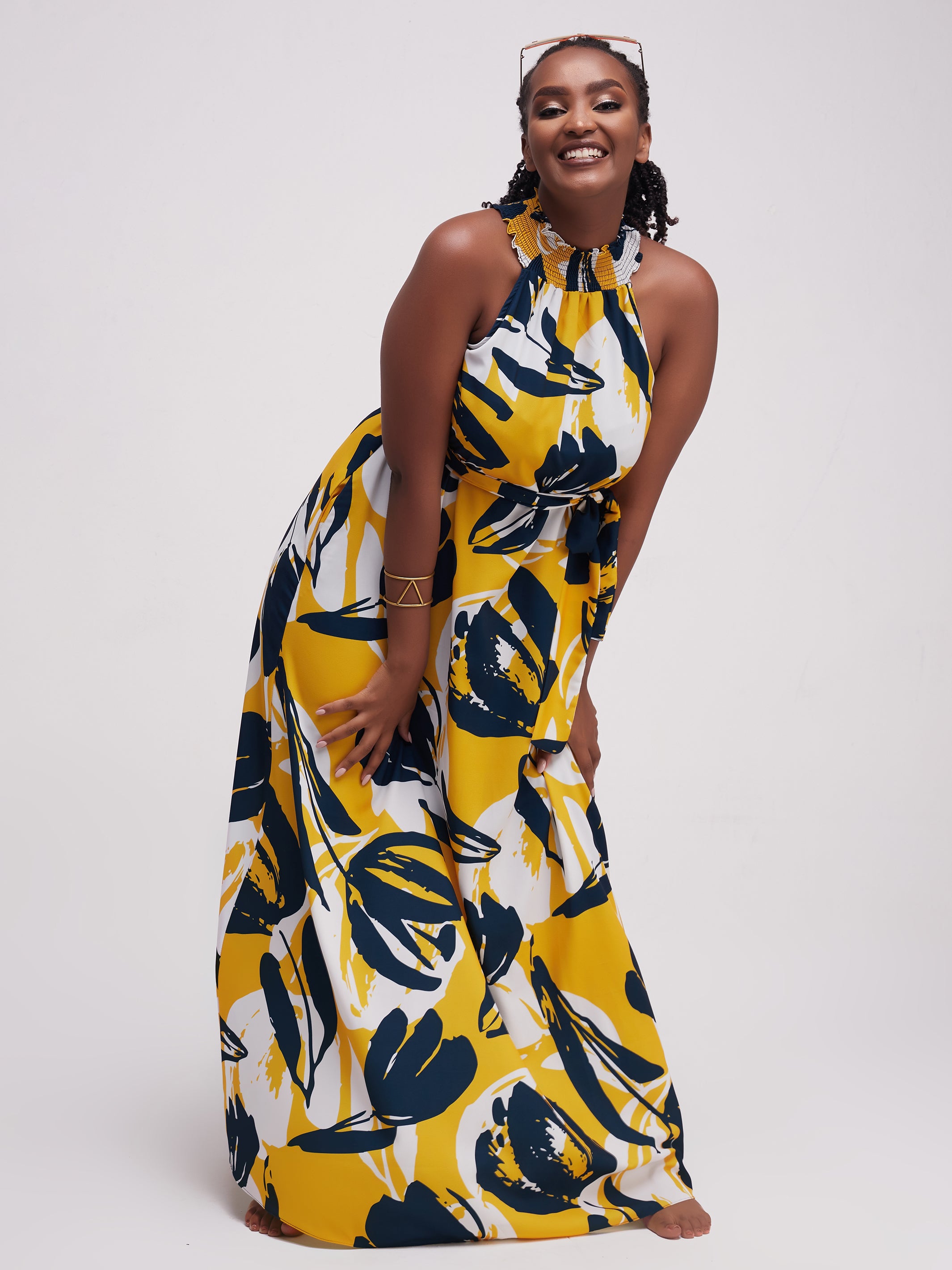 Vivo Alek Halter Neck Maxi Dress - Teal / Mustard Print