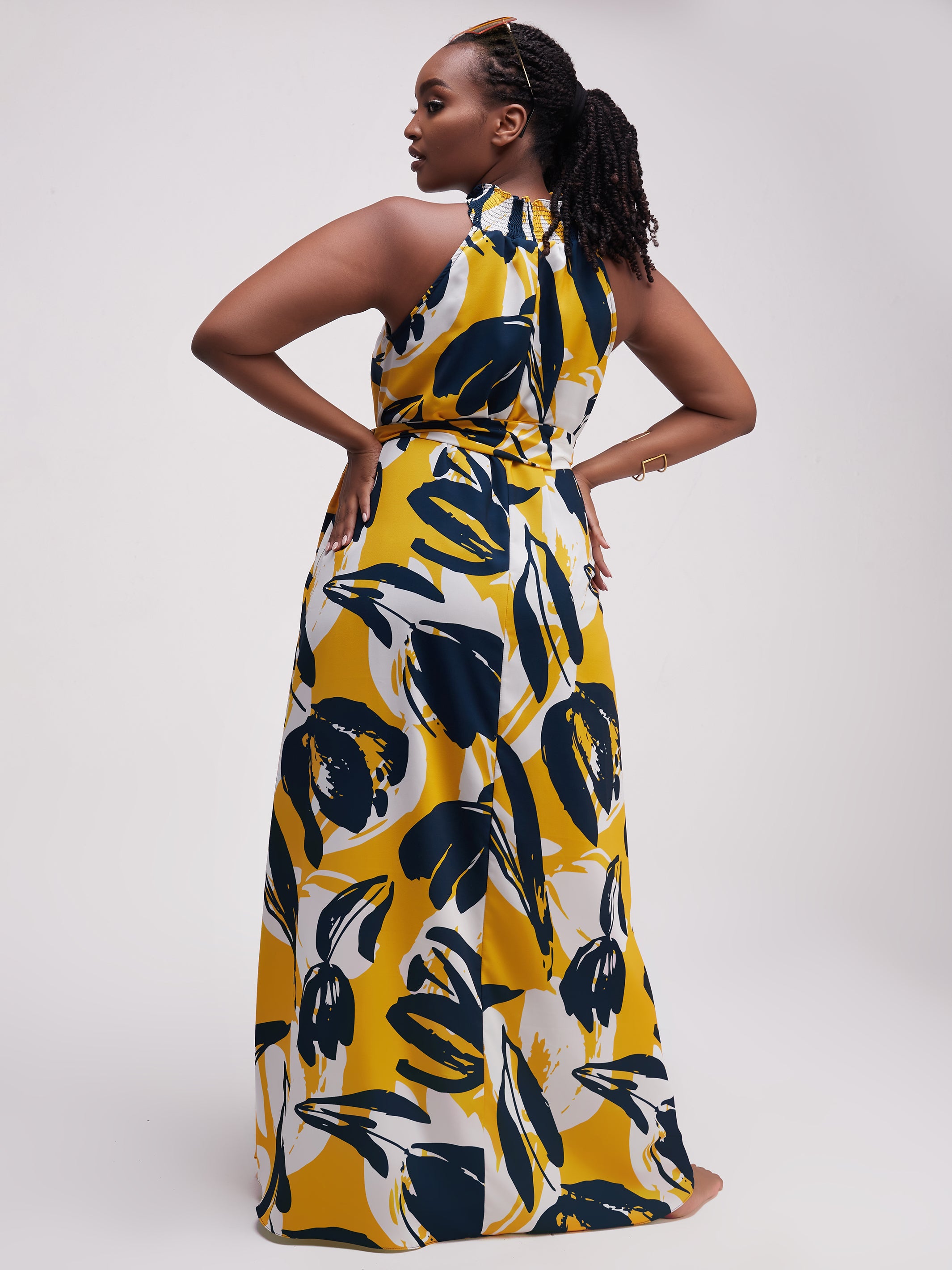 Vivo Alek Halter Neck Maxi Dress - Teal / Mustard Print