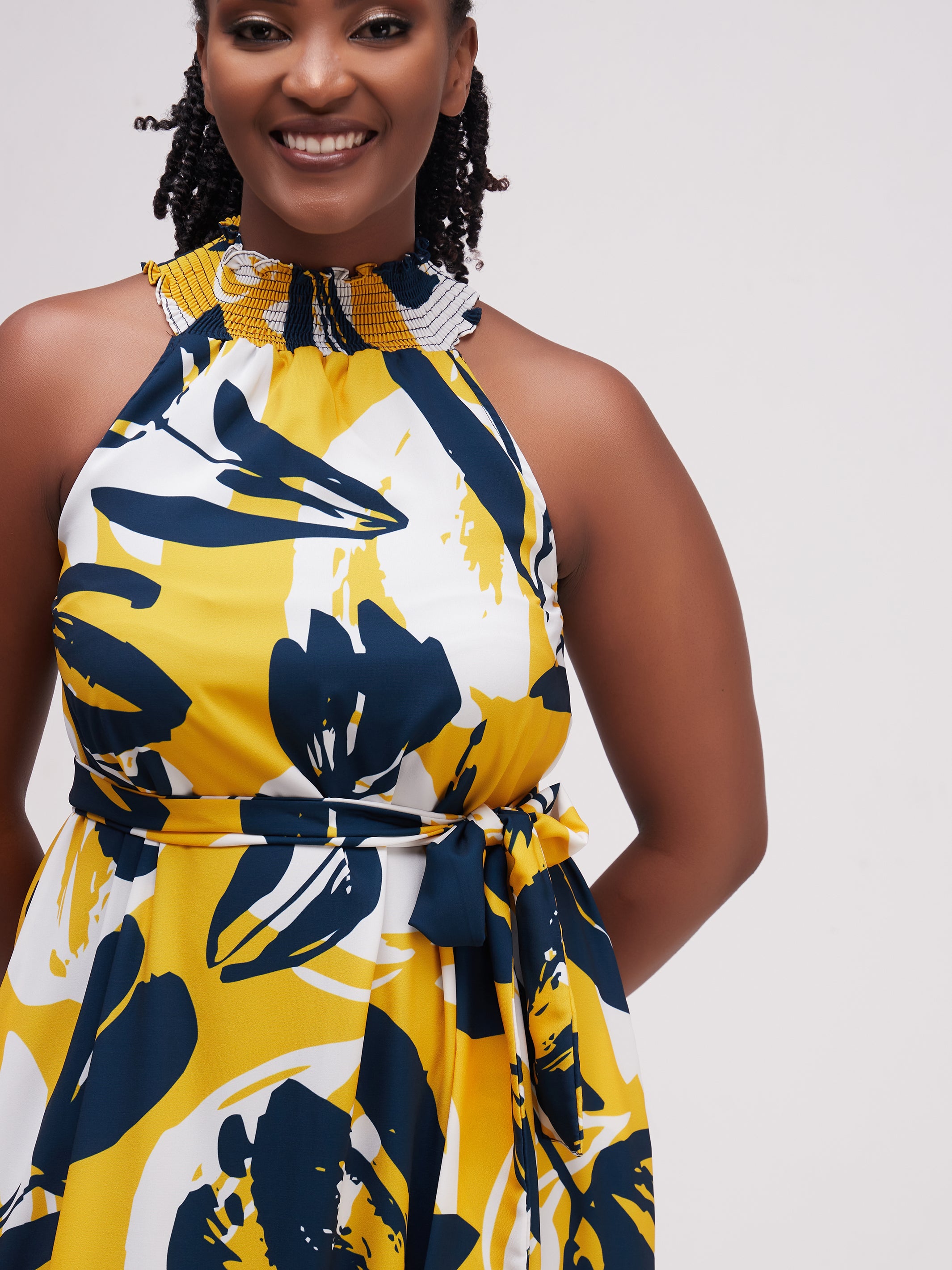 Vivo Alek Halter Neck Maxi Dress - Teal / Mustard Print