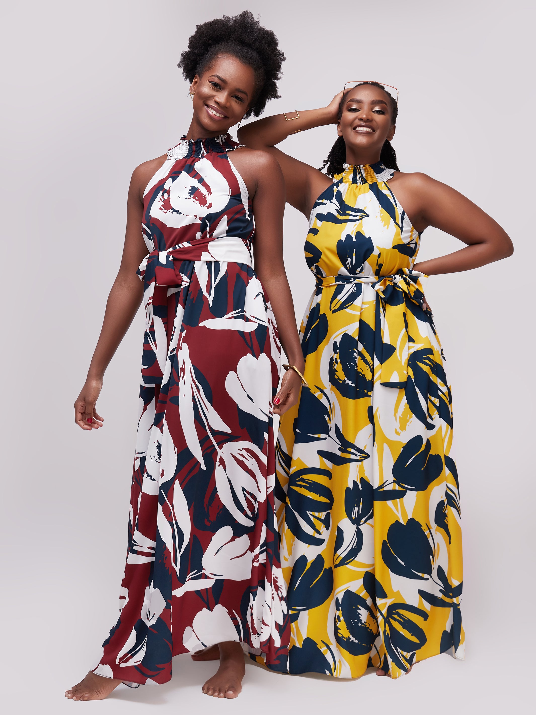 Vivo Alek Halter Neck Maxi Dress - Teal / Mustard Print