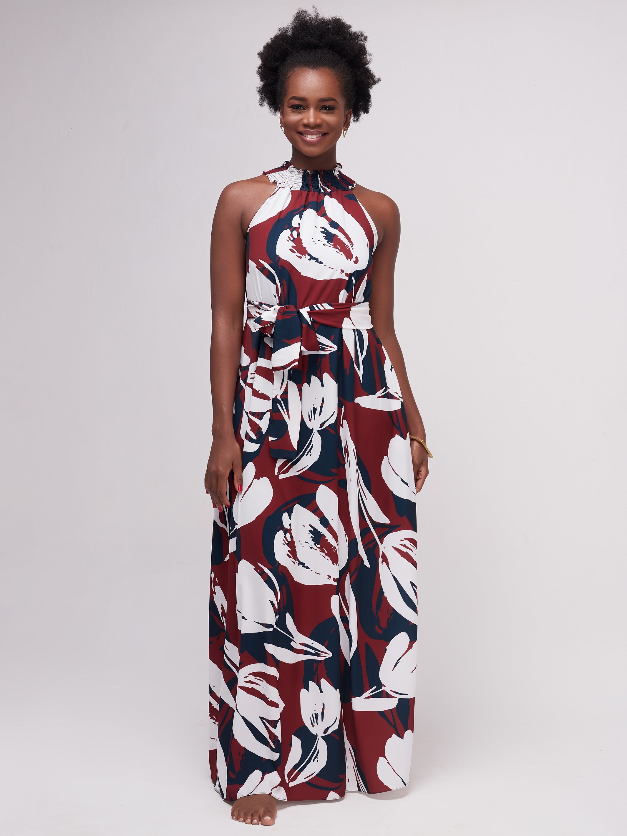 Vivo Alek Halter Neck Maxi Dress - Teal / Maroon Print