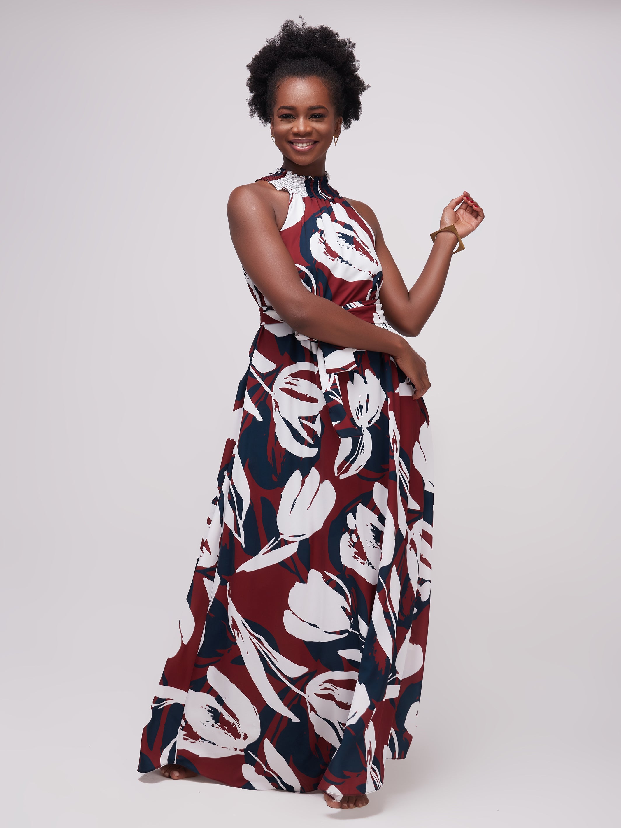 Vivo Alek Halter Neck Maxi Dress - Teal / Maroon Print