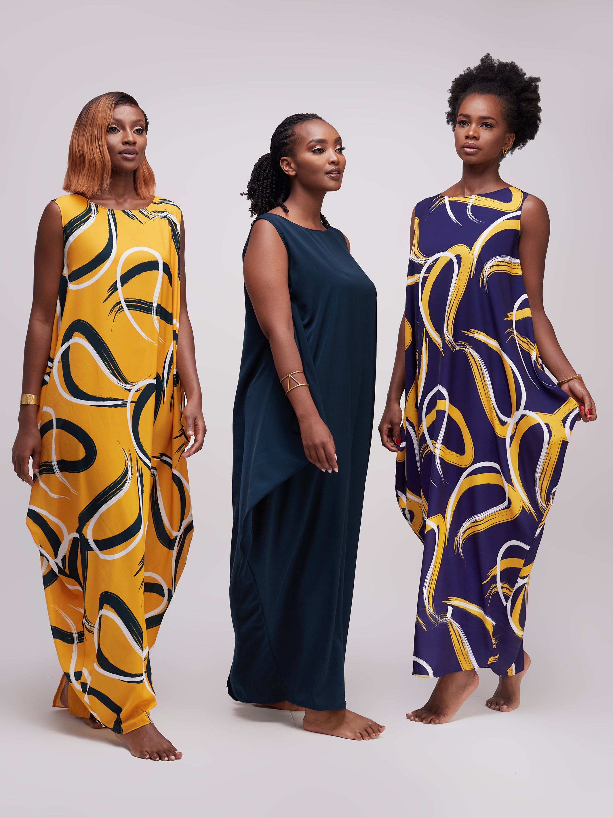 Vivo Alek Side Cowl Sleeveless Maxi Dress - Mustard Print