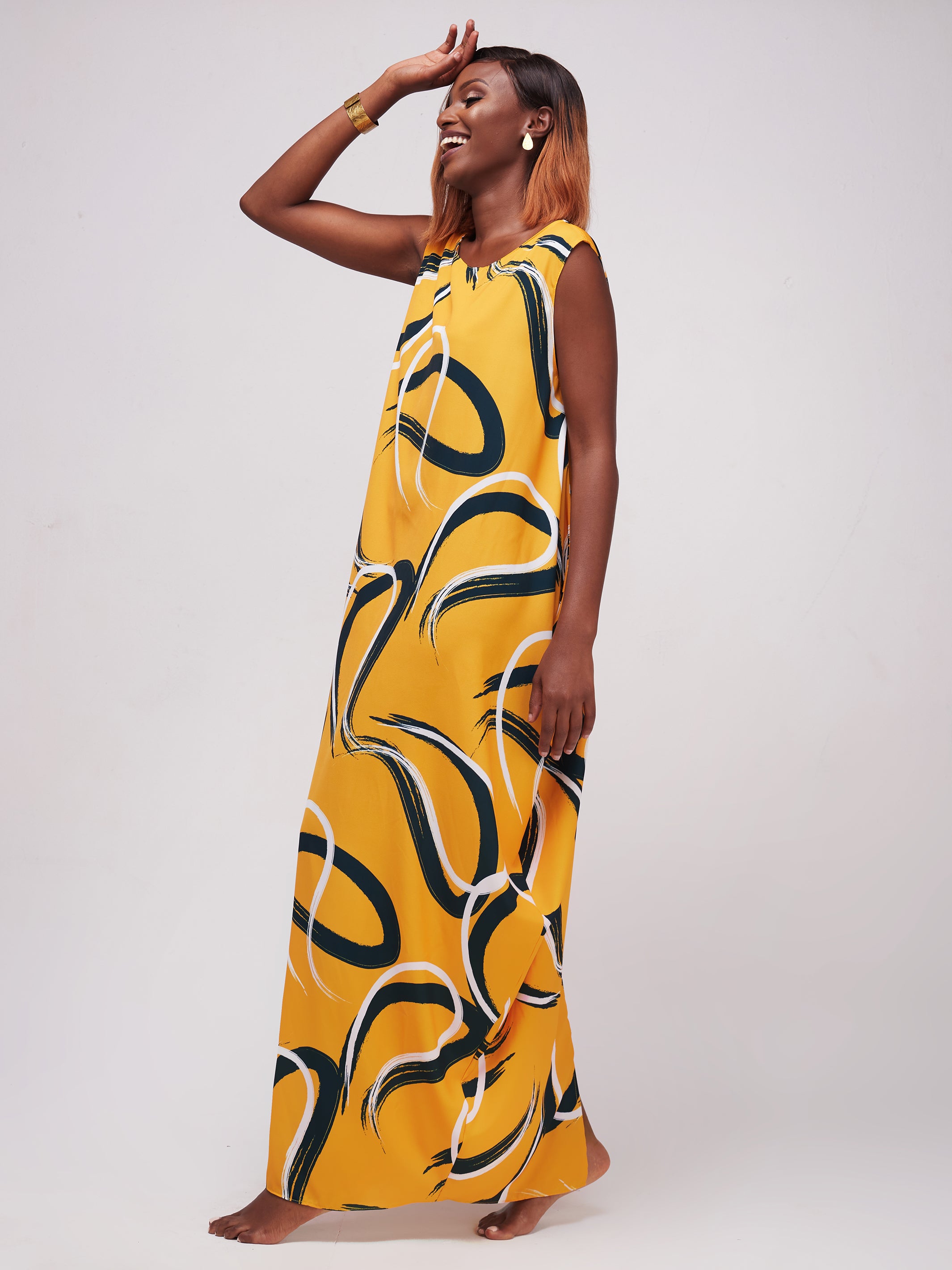 Vivo Alek Side Cowl Sleeveless Maxi Dress - Mustard Print