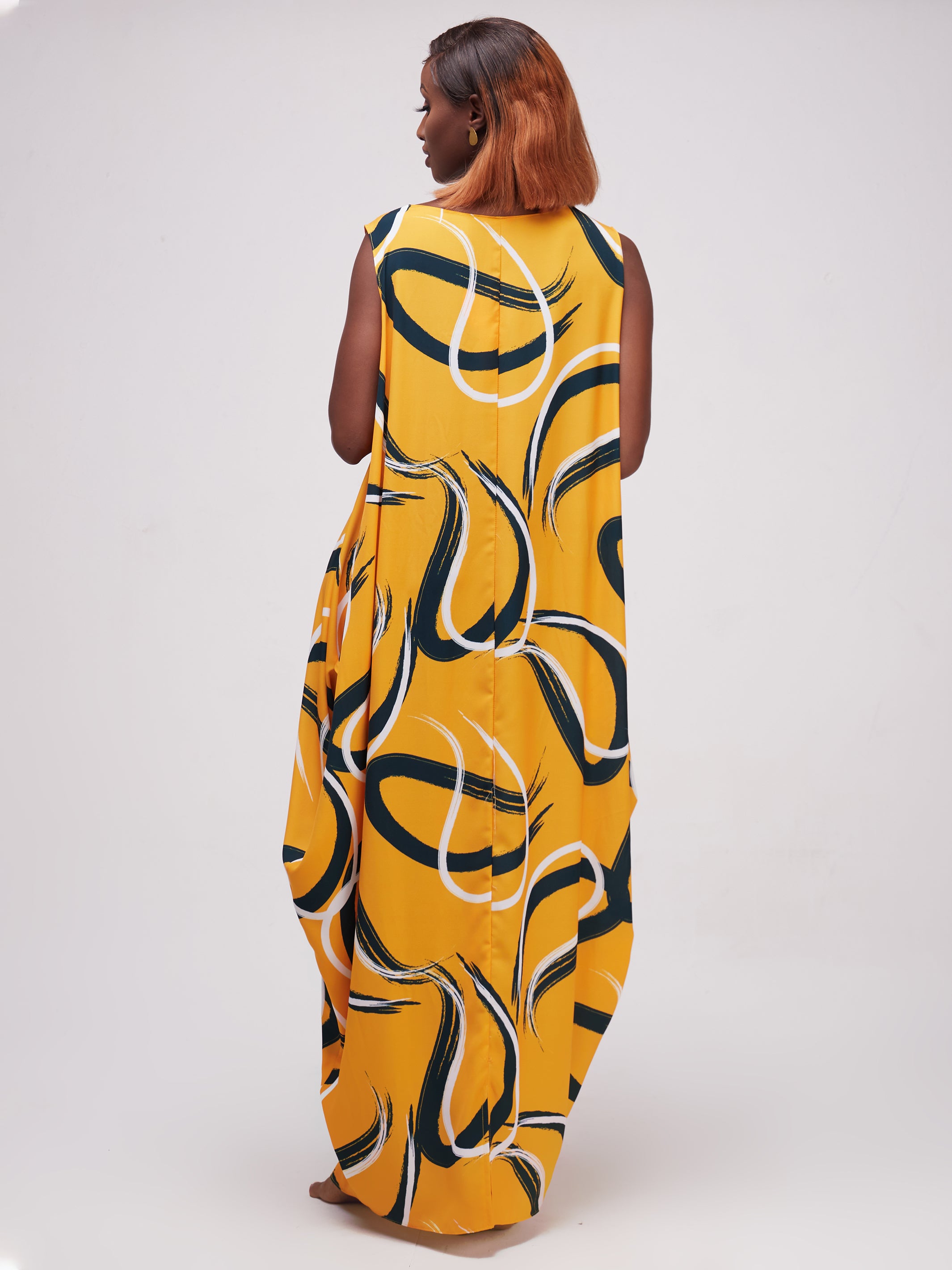 Vivo Alek Side Cowl Sleeveless Maxi Dress - Mustard Print