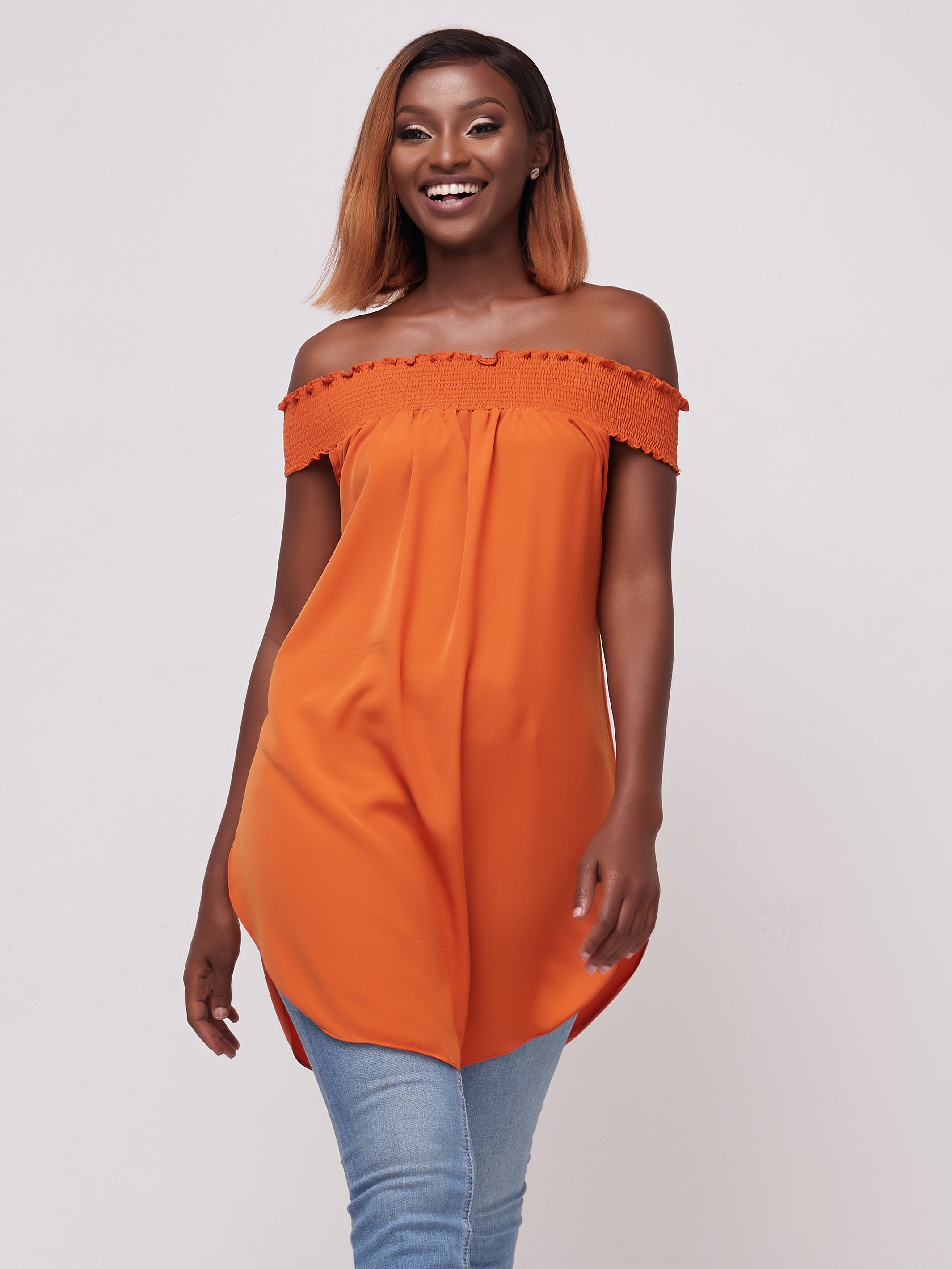 Vivo Alek Off-Shoulder Scalloped Hem Top - Rust