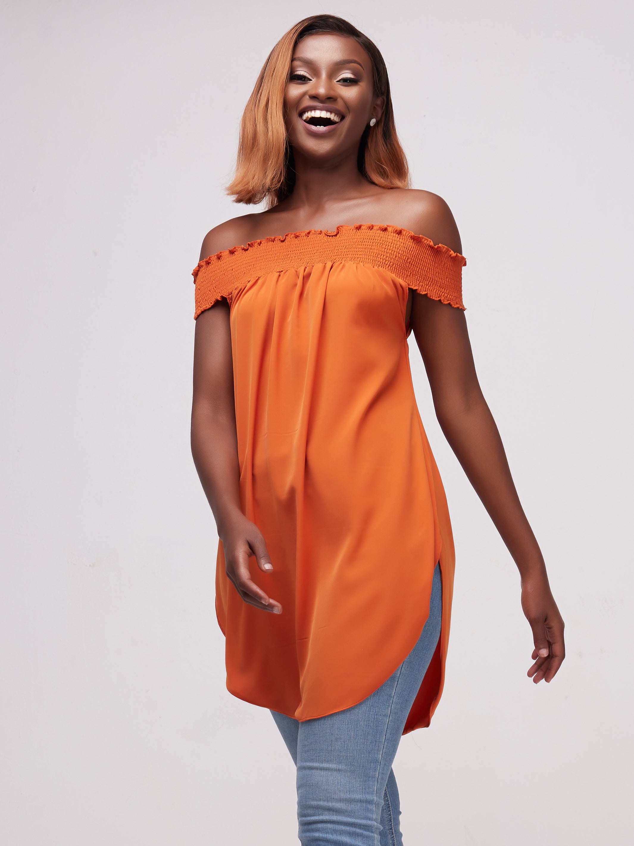 Vivo Alek Off-Shoulder Scalloped Hem Top - Rust