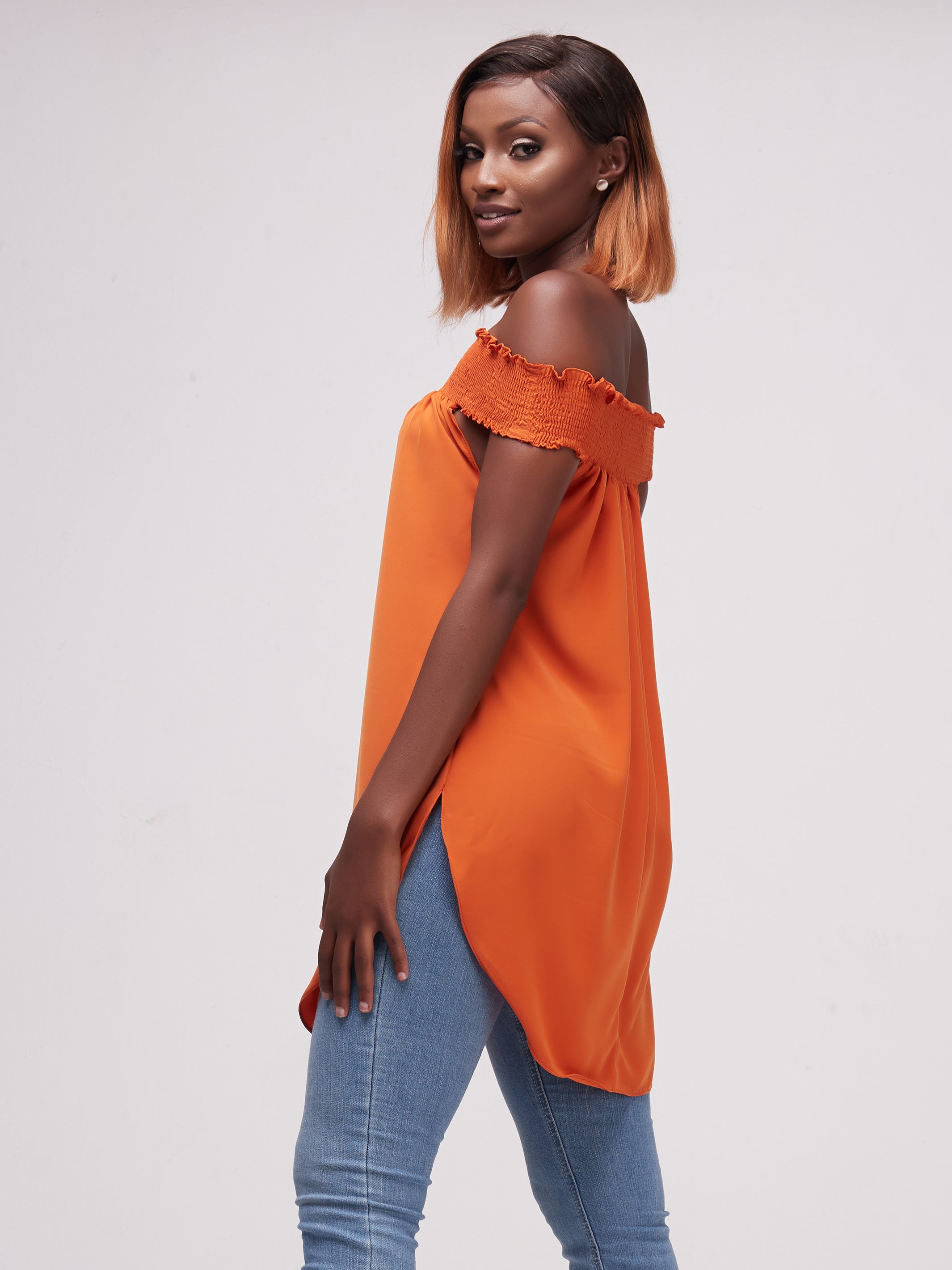 Vivo Alek Off-Shoulder Scalloped Hem Top - Rust