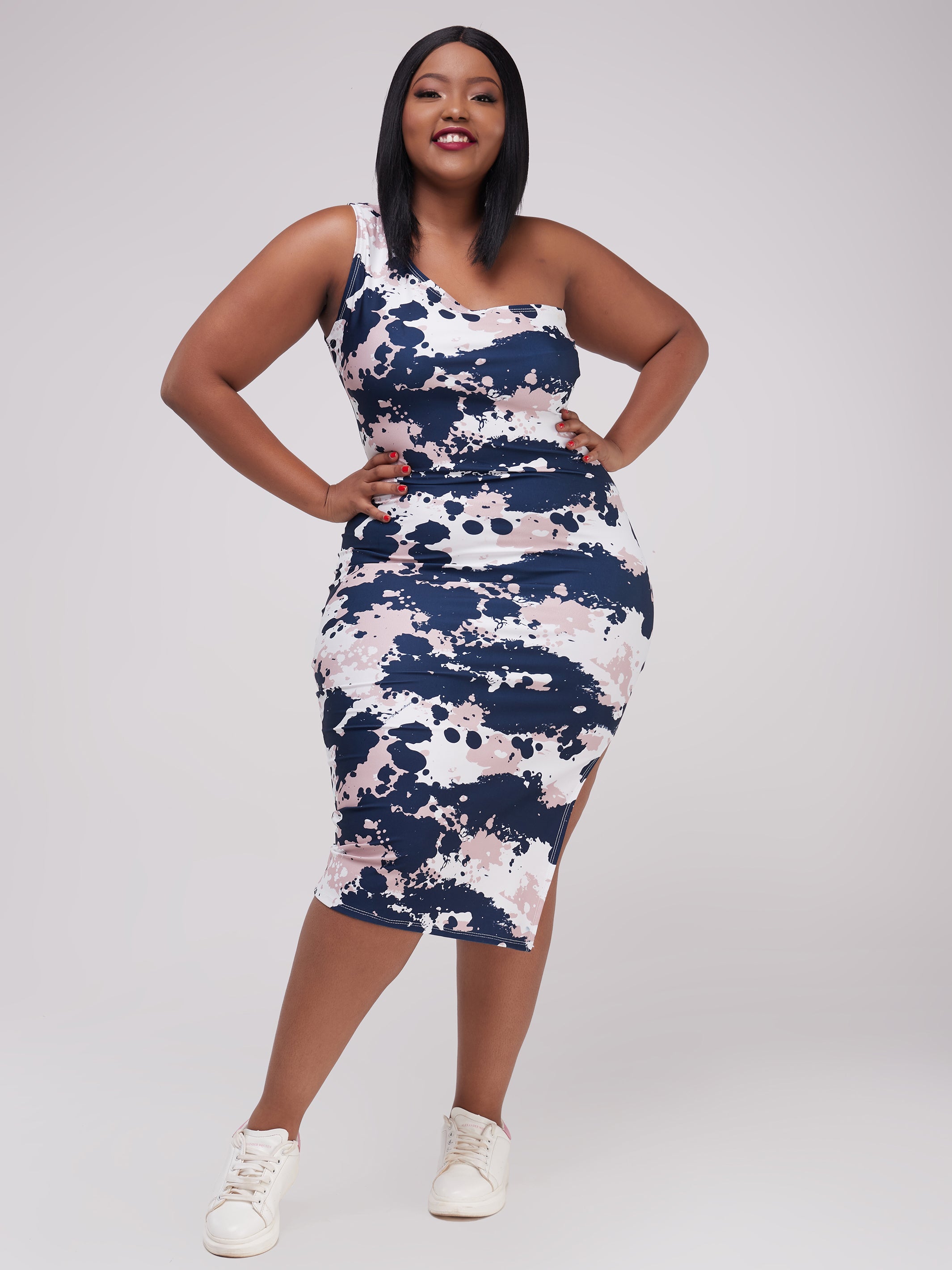 Zoya Essentials One Shoulder Side Cut Midi Bodycon - Pink Camo
