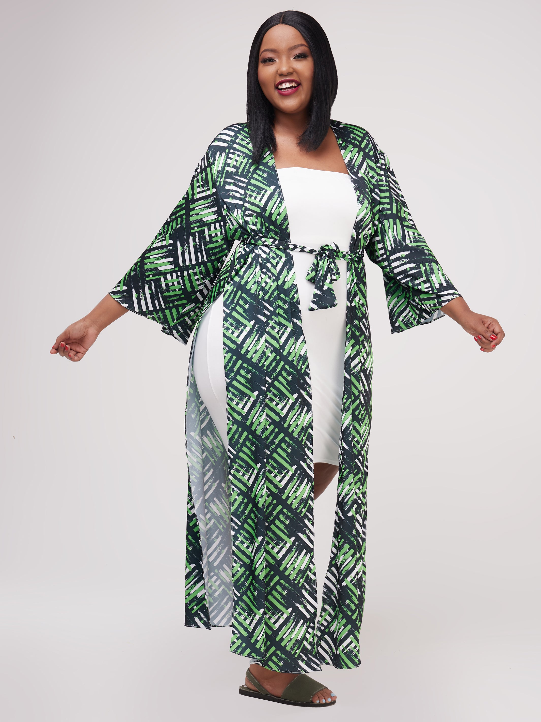 Zoya Essentials Long Satin Kimono -  Green Abstract