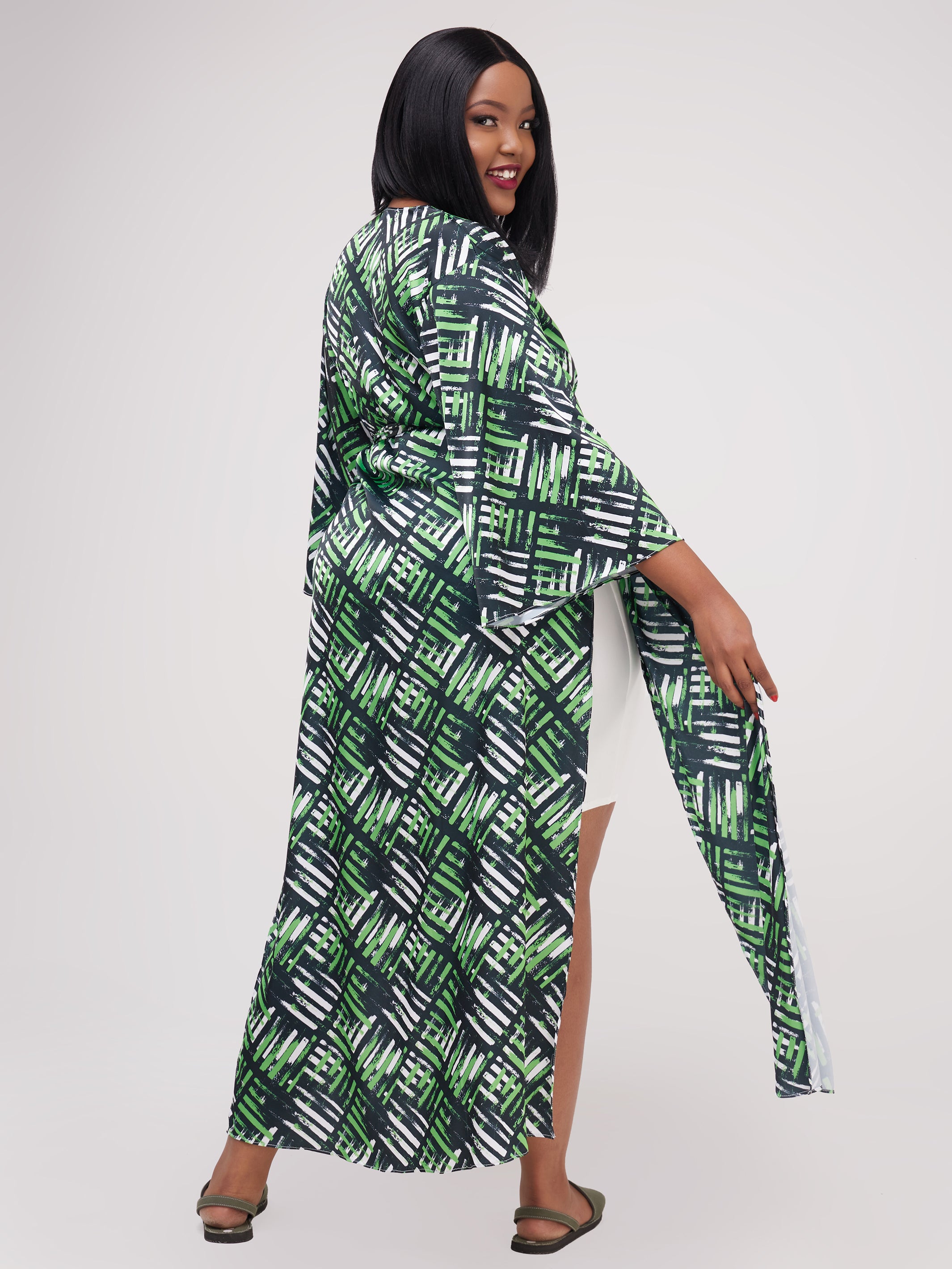 Zoya Essentials Long Satin Kimono -  Green Abstract