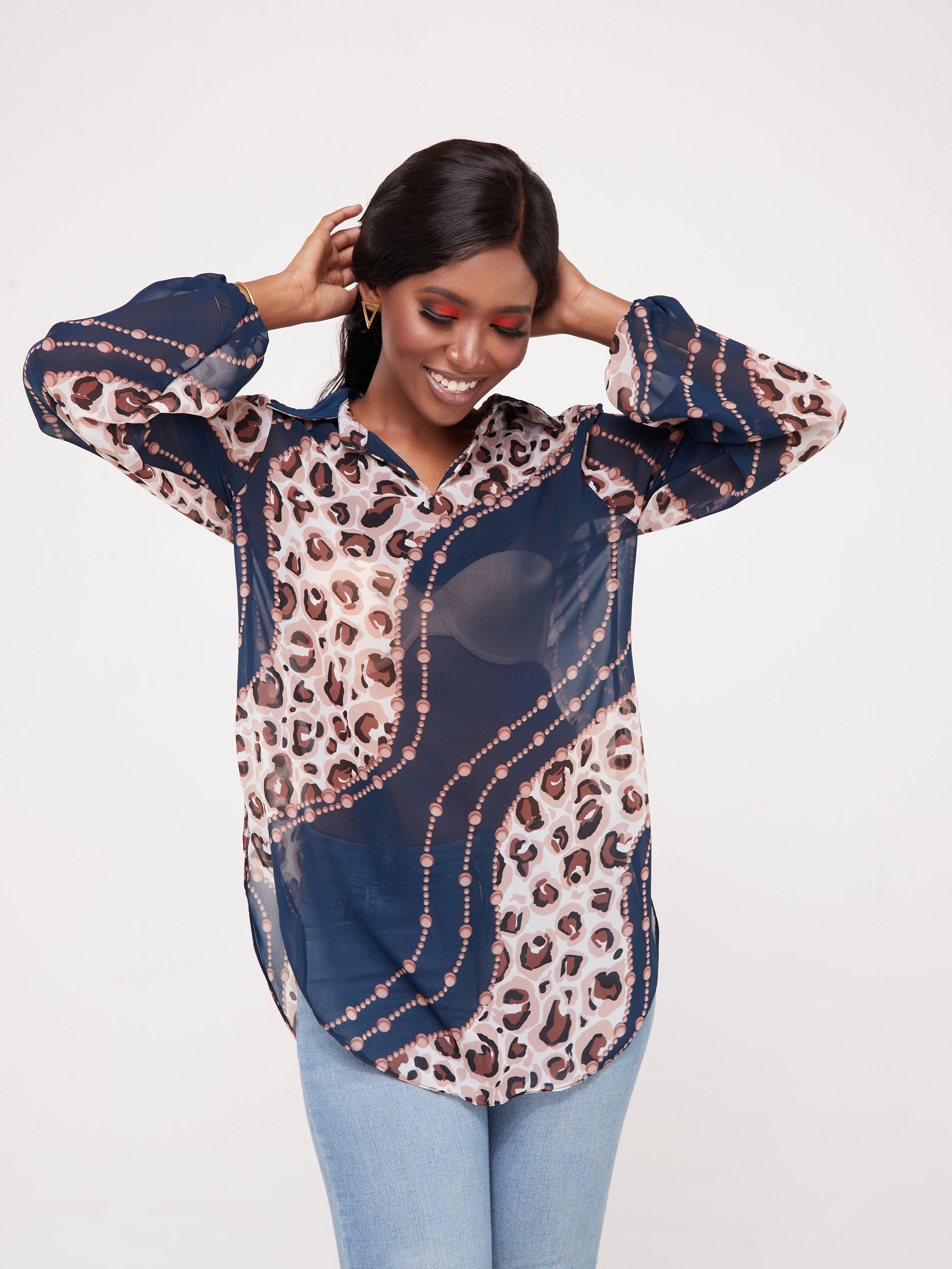 Vivo Sana Bishop Sleeve Top - Taupe / Navy Print