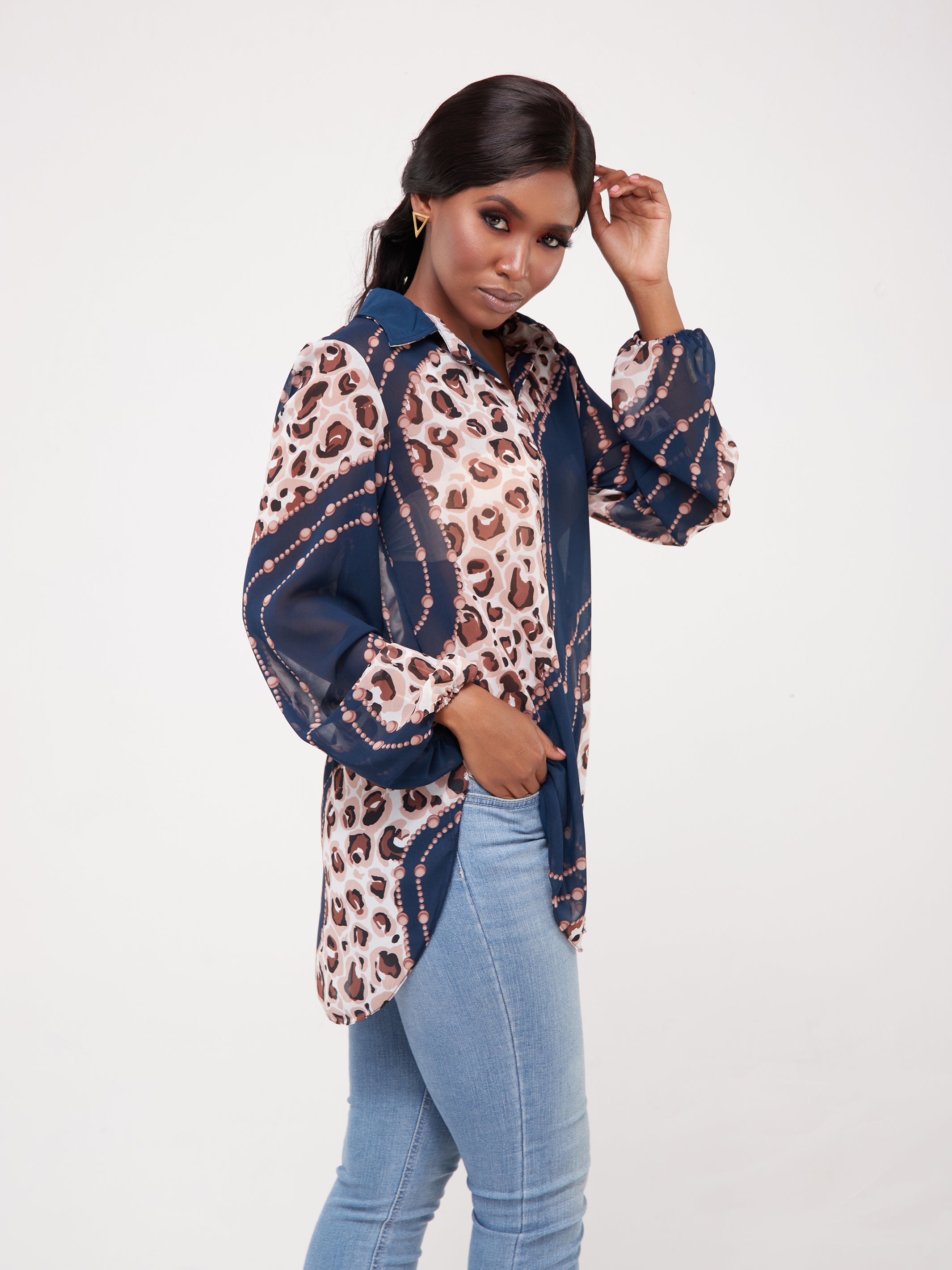 Vivo Sana Bishop Sleeve Top - Taupe / Navy Print