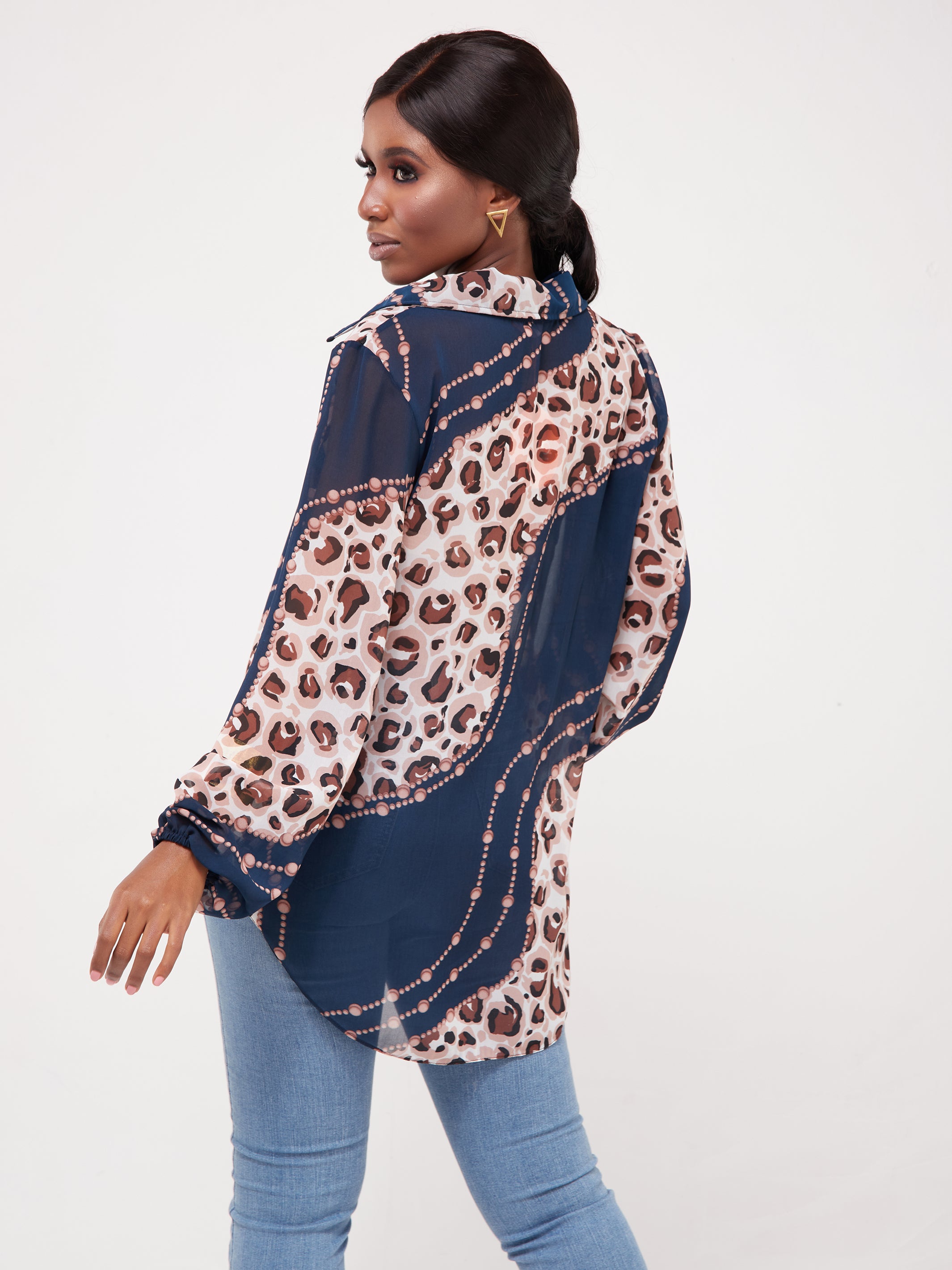 Vivo Sana Bishop Sleeve Top - Taupe / Navy Print