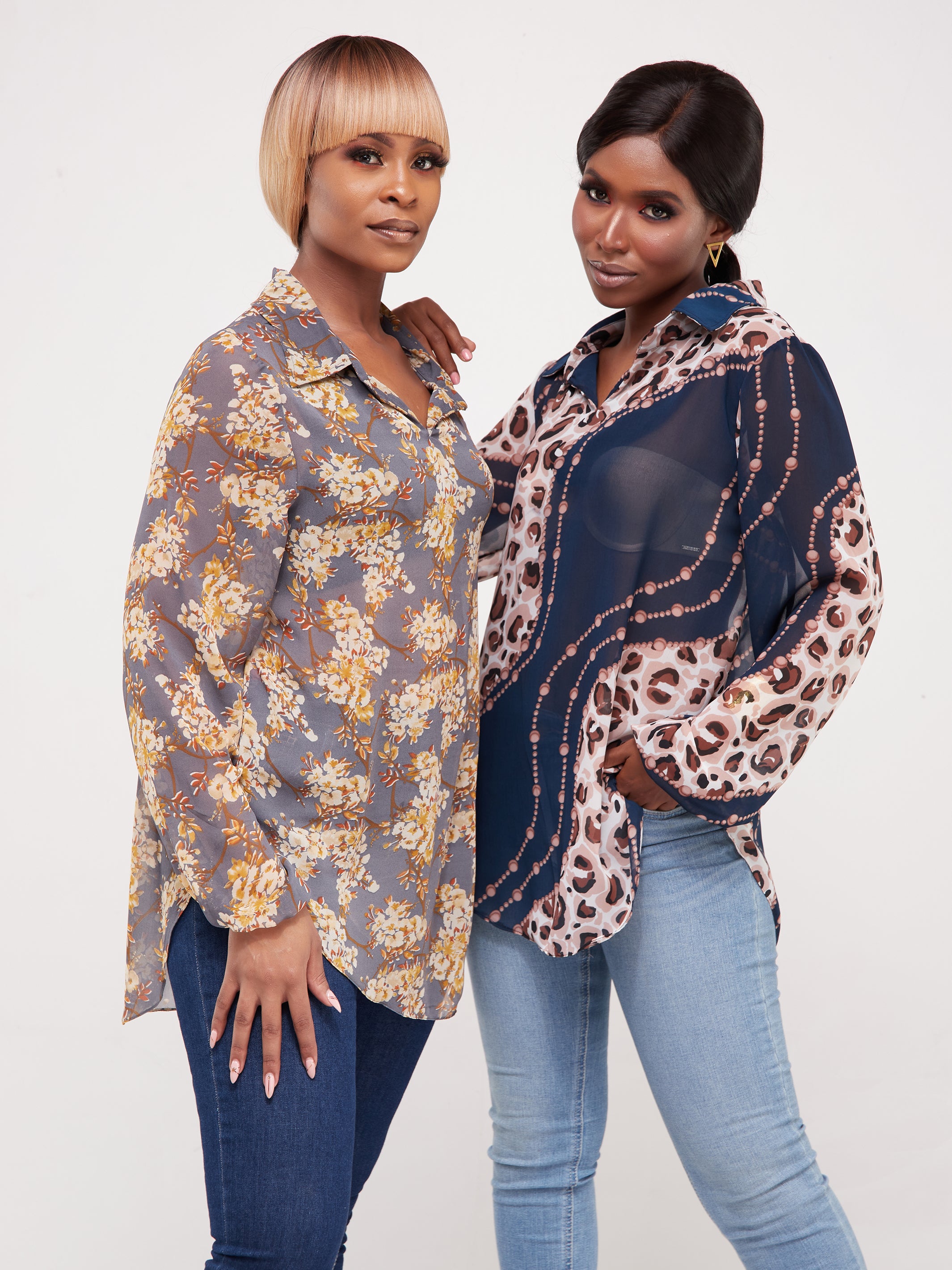 Vivo Sana Bishop Sleeve Top - Taupe / Navy Print