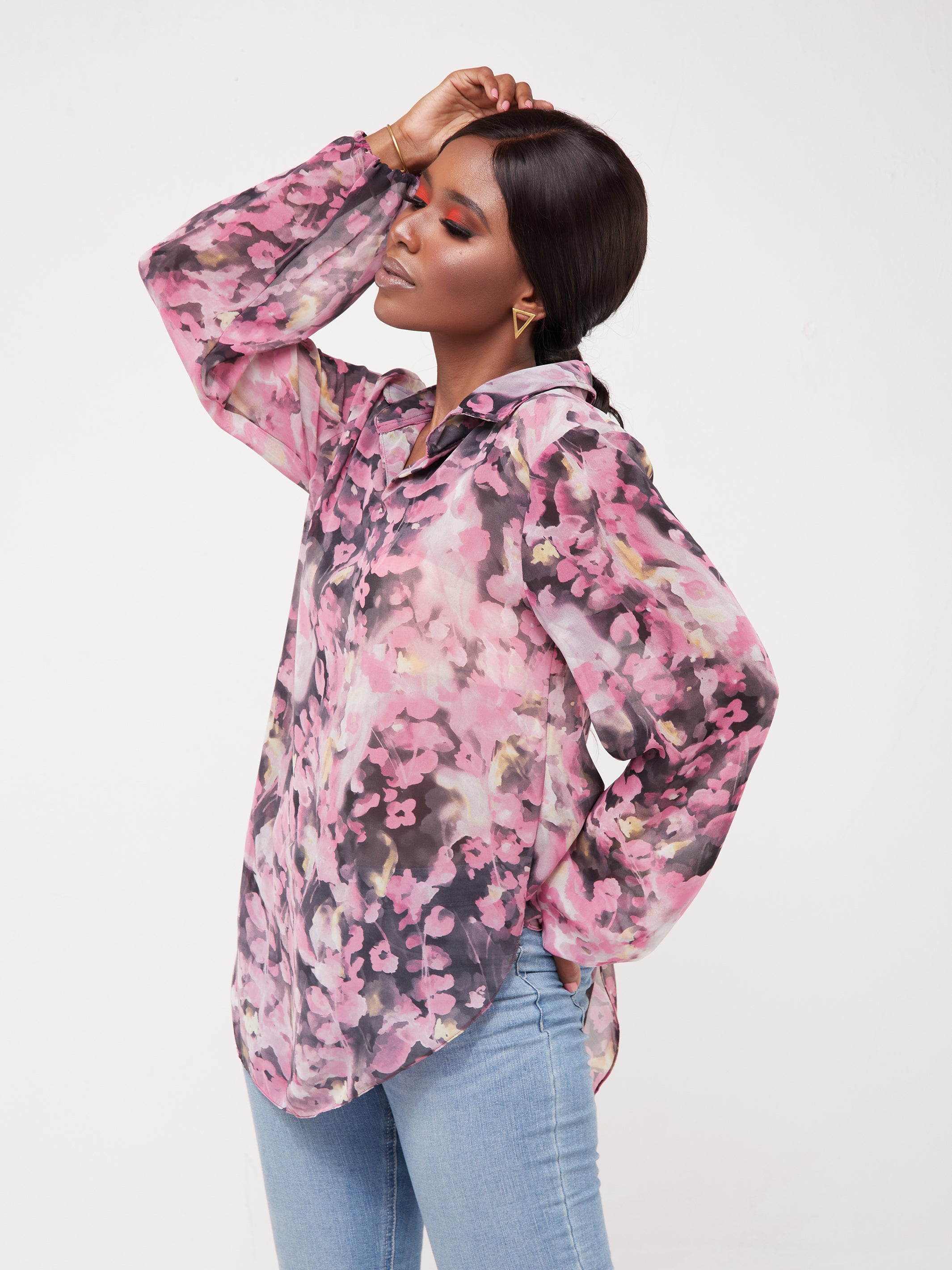 Vivo Sana Bishop Sleeve Top - Pink / Purple Print