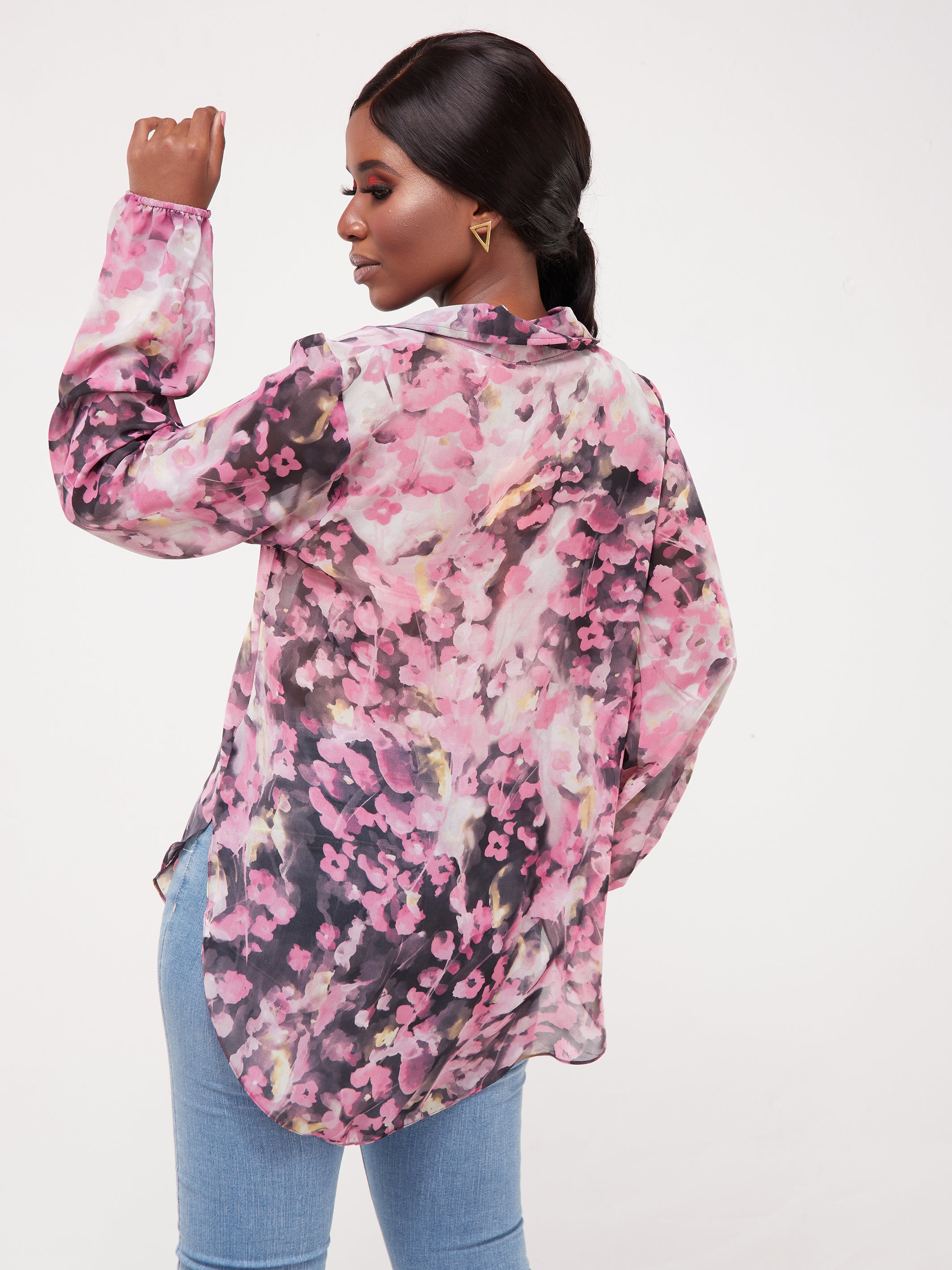 Vivo Sana Bishop Sleeve Top - Pink / Purple Print