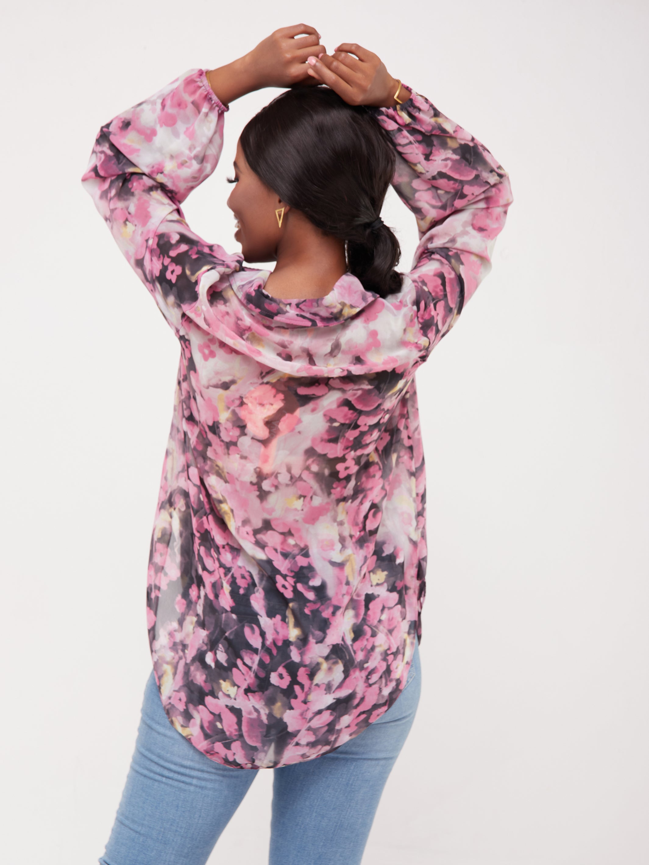 Vivo Sana Bishop Sleeve Top - Pink / Purple Print