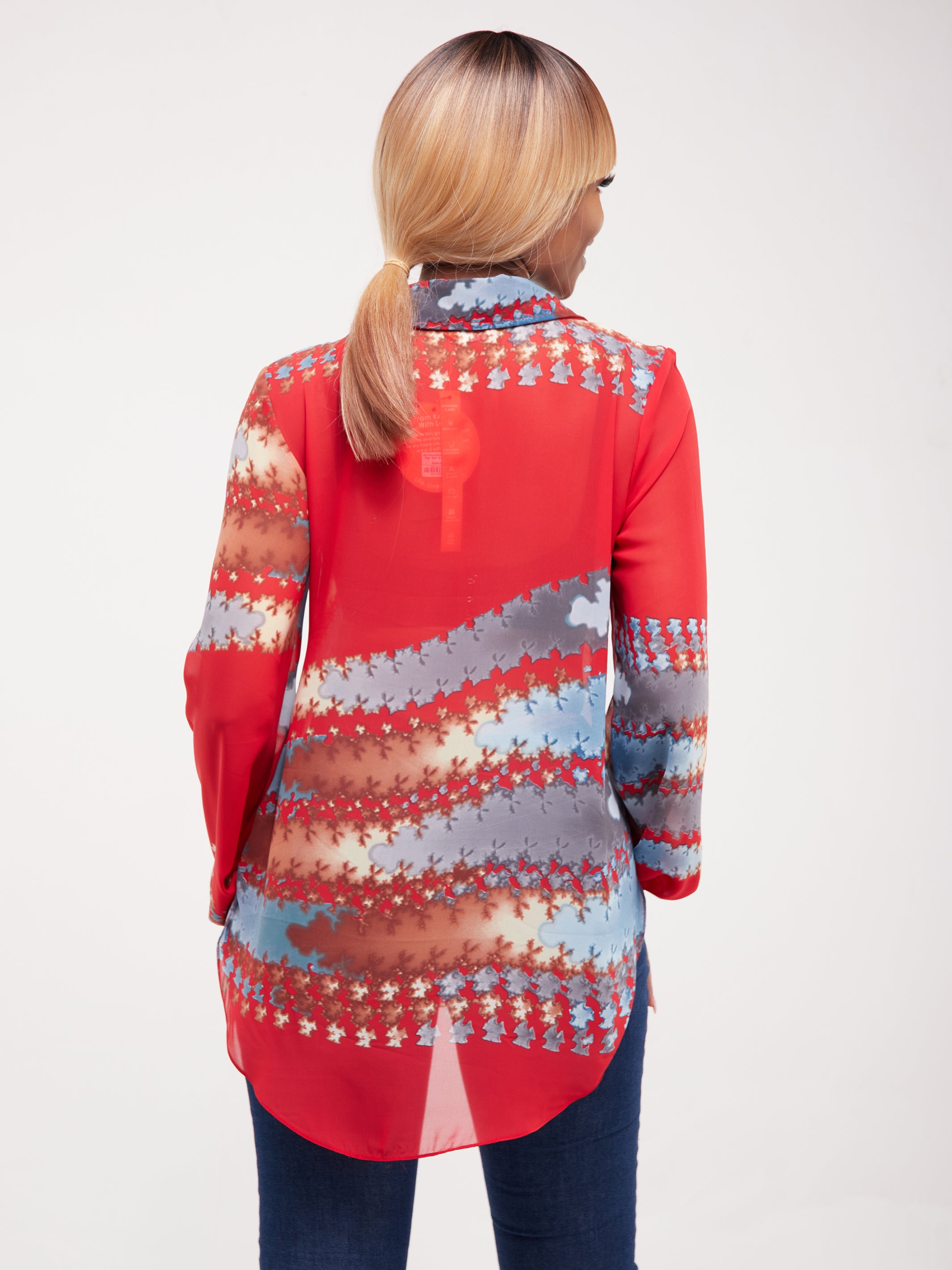 Vivo Sana Bishop Sleeve Top - Red / Grey Print