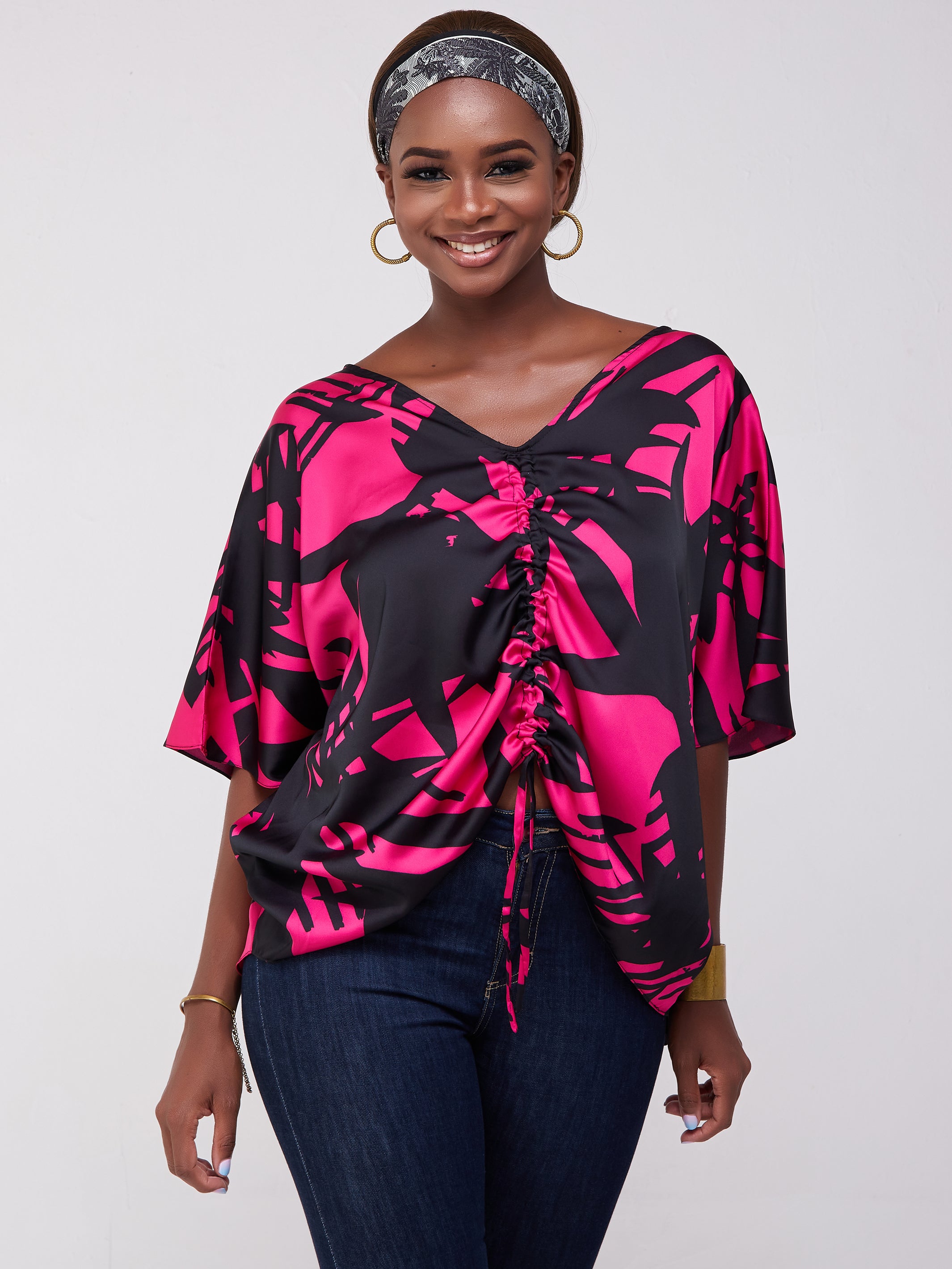 Vivo Lani Scarf Top With Center Drawstring - Pink / Black Print