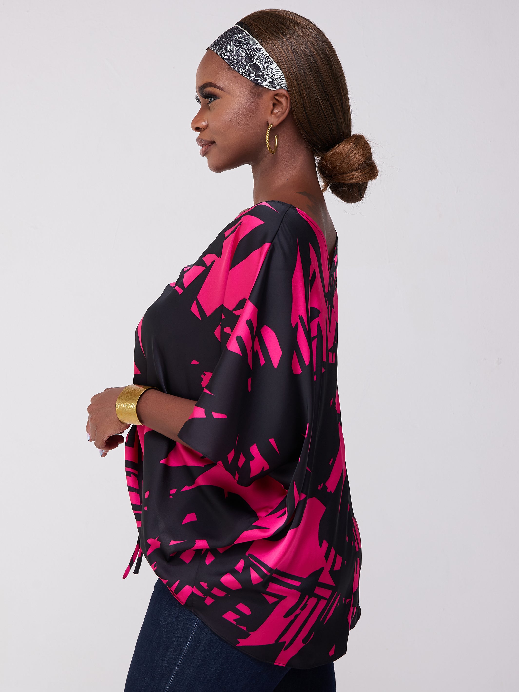 Vivo Lani Scarf Top With Center Drawstring - Pink / Black Print