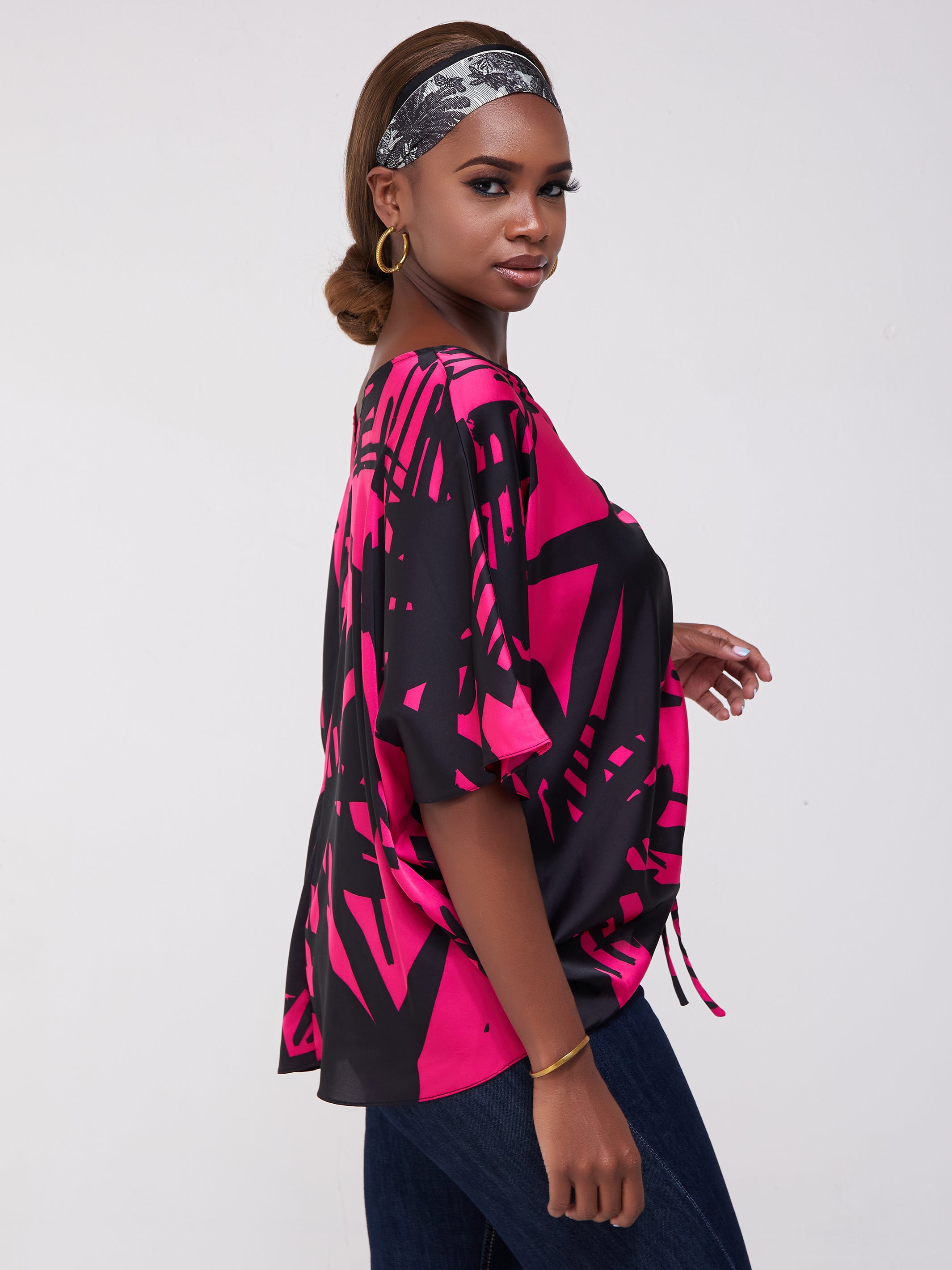 Vivo Lani Scarf Top With Center Drawstring - Pink / Black Print