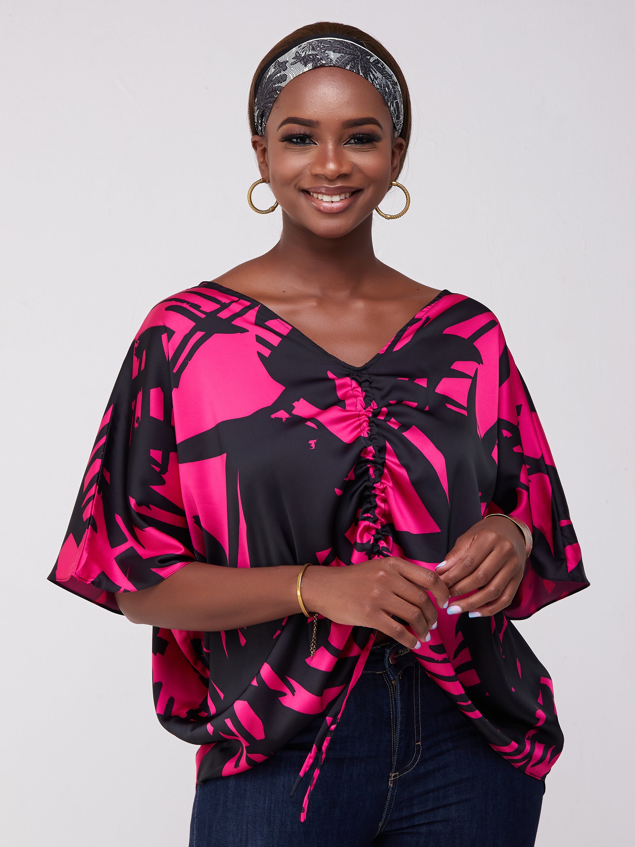 Vivo Lani Scarf Top With Center Drawstring - Pink / Black Print
