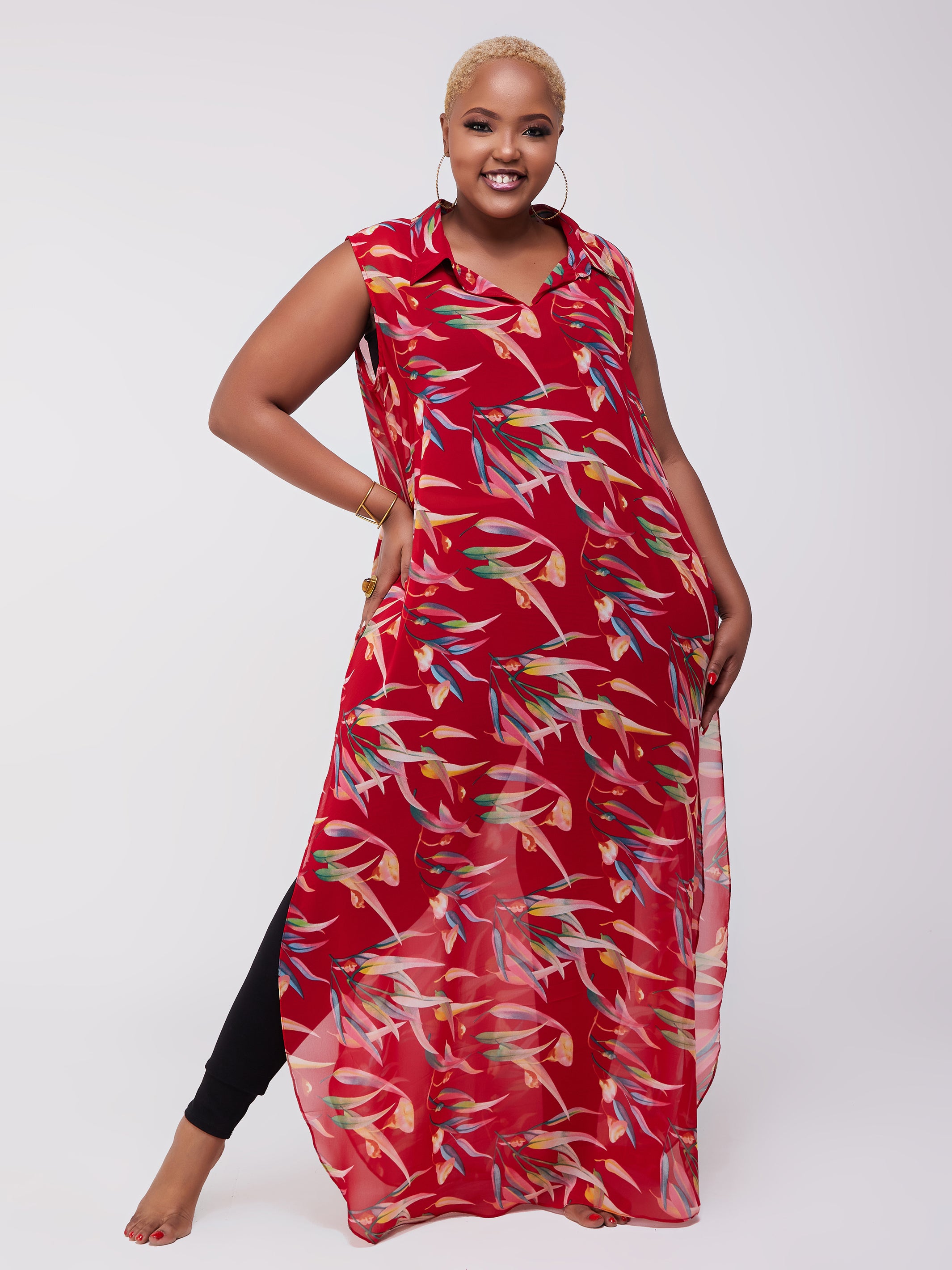 Vivo Sana Chiffon Maxi Side Slit Top - Red Print