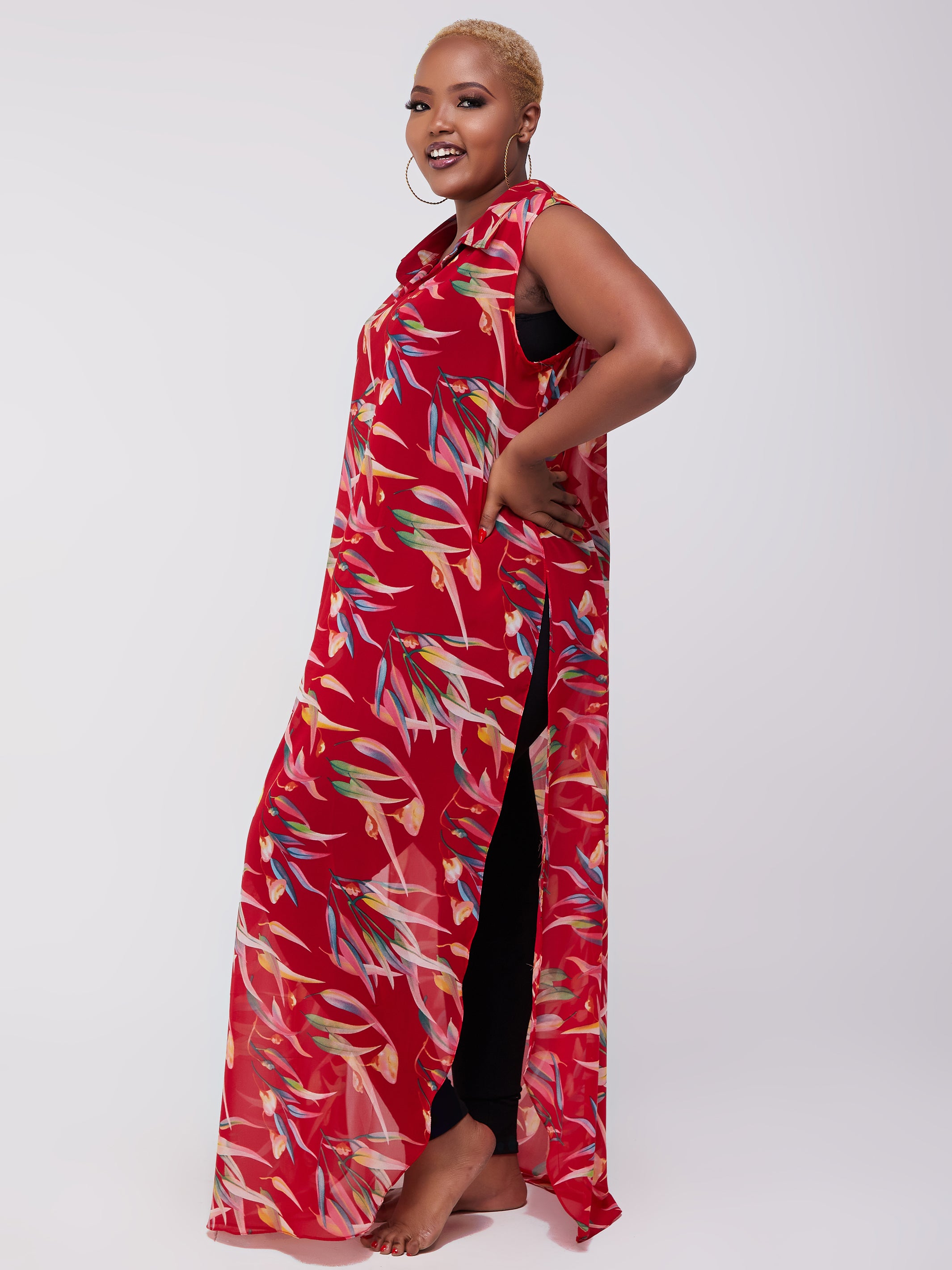 Vivo Sana Chiffon Maxi Side Slit Top - Red Print