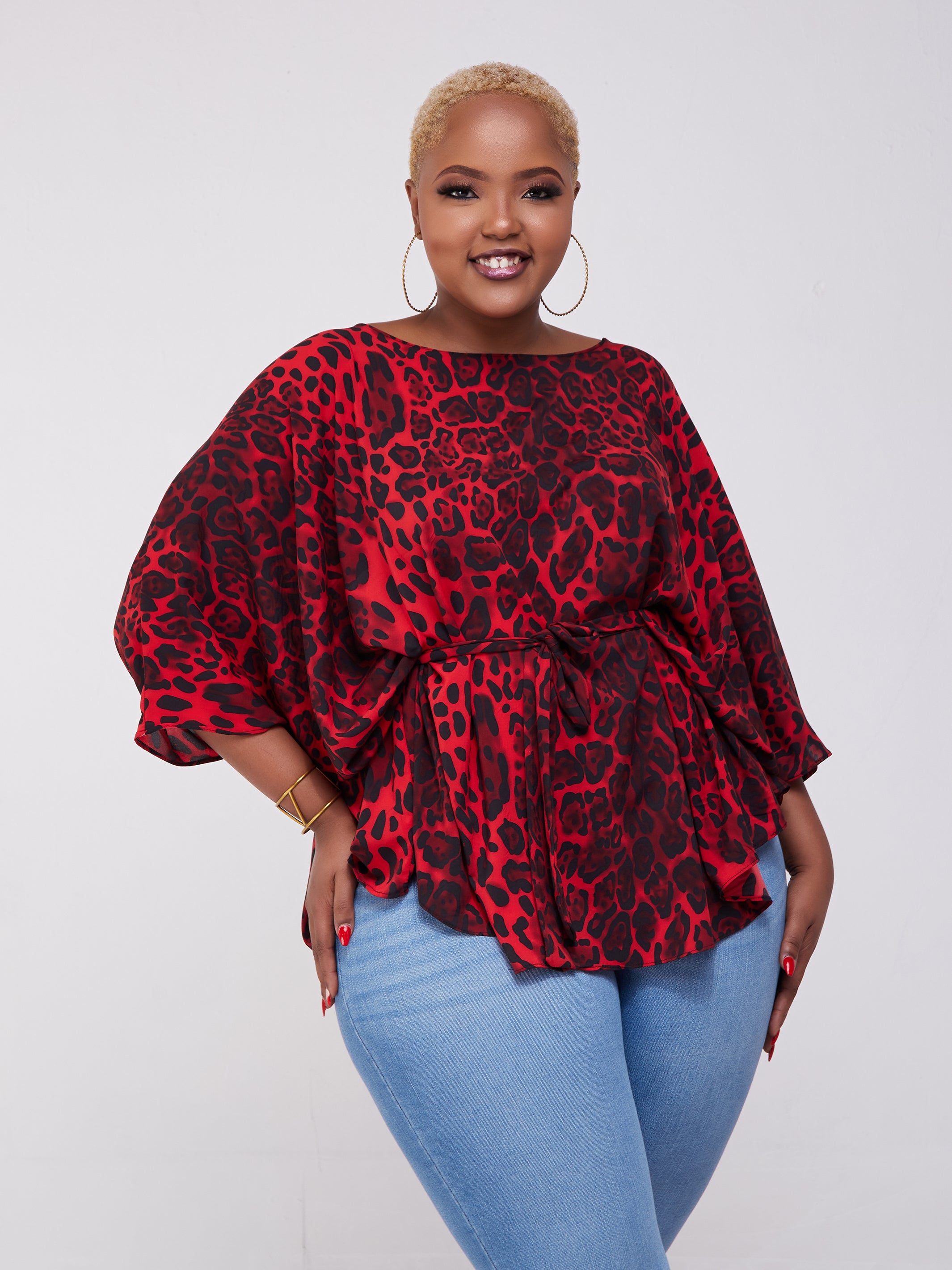 Safari Maisha Wide Loose Top - Red / Black Print