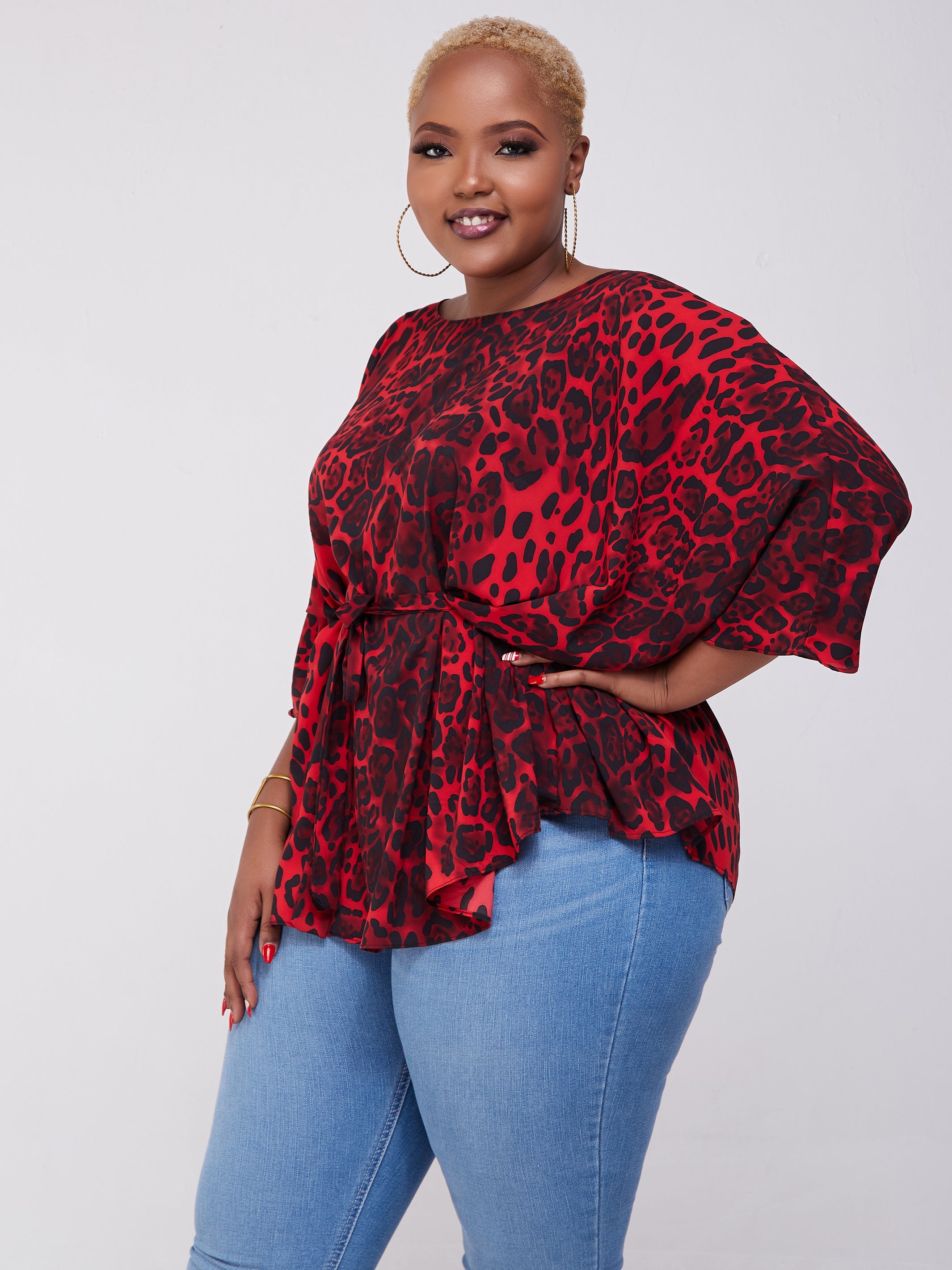 Safari Maisha Wide Loose Top - Red / Black Print