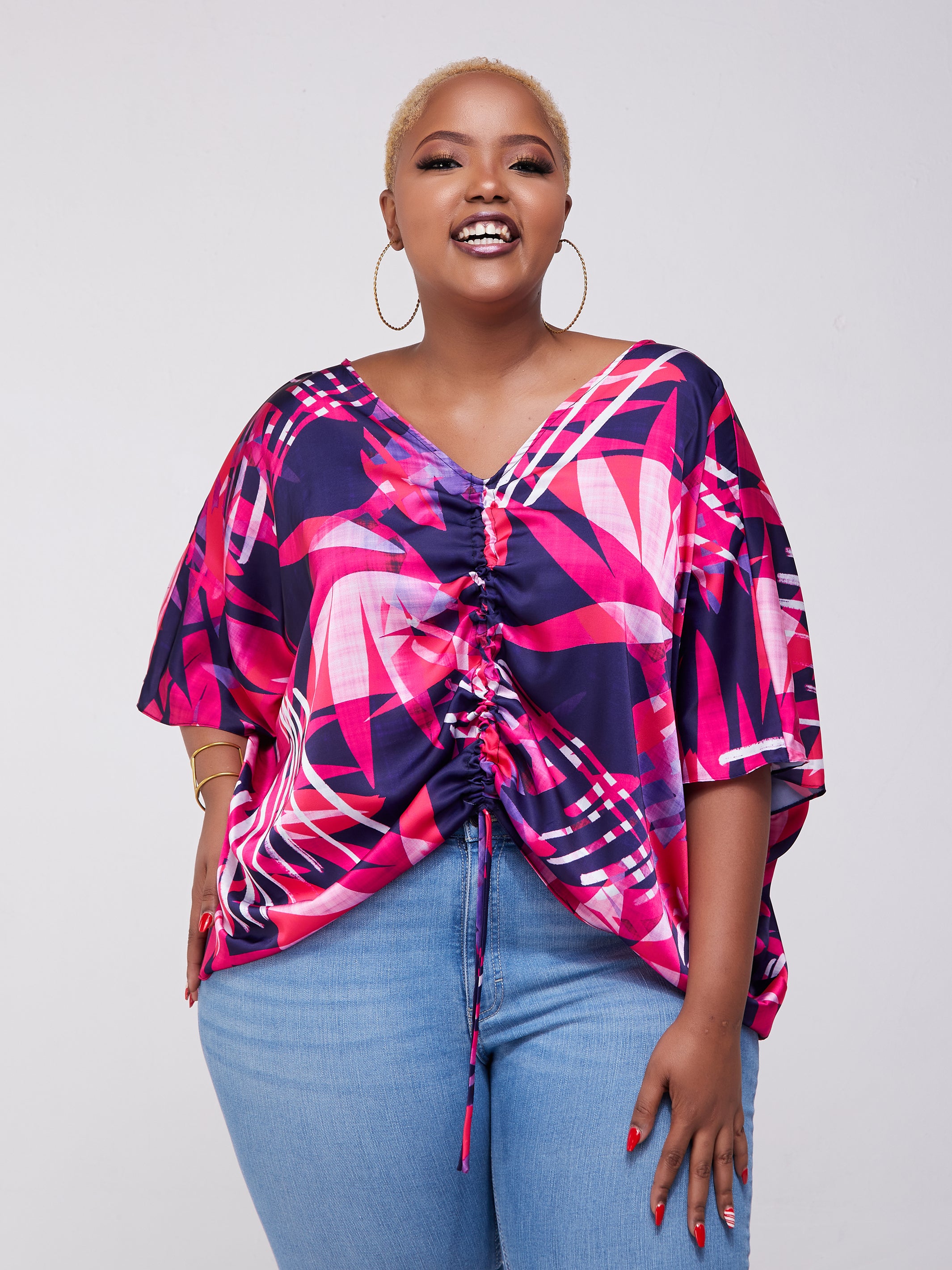 Vivo Lani Scarf Top With Center Drawstring - Pink / Purple Print