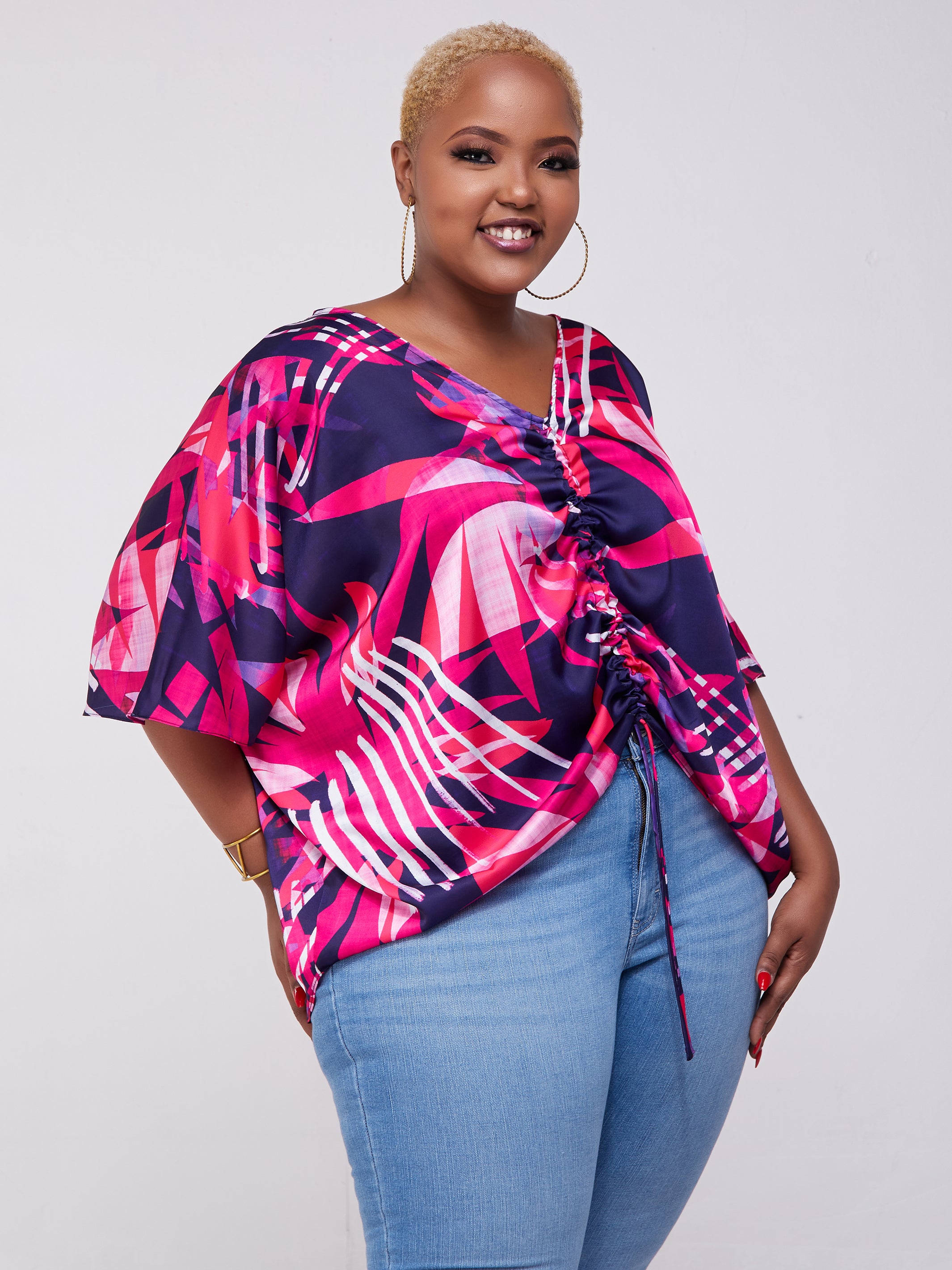 Vivo Lani Scarf Top With Center Drawstring - Pink / Purple Print
