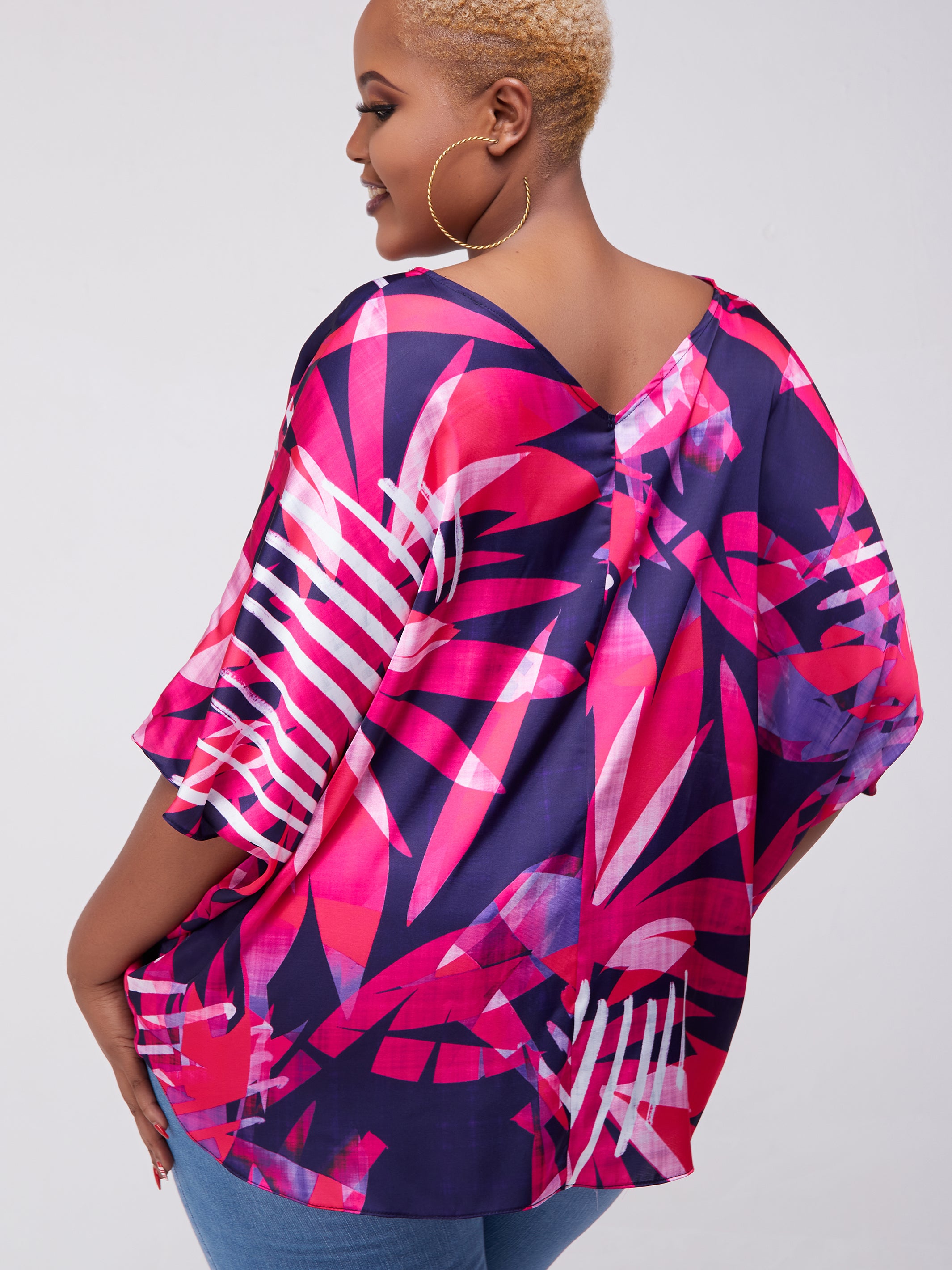 Vivo Lani Scarf Top With Center Drawstring - Pink / Purple Print
