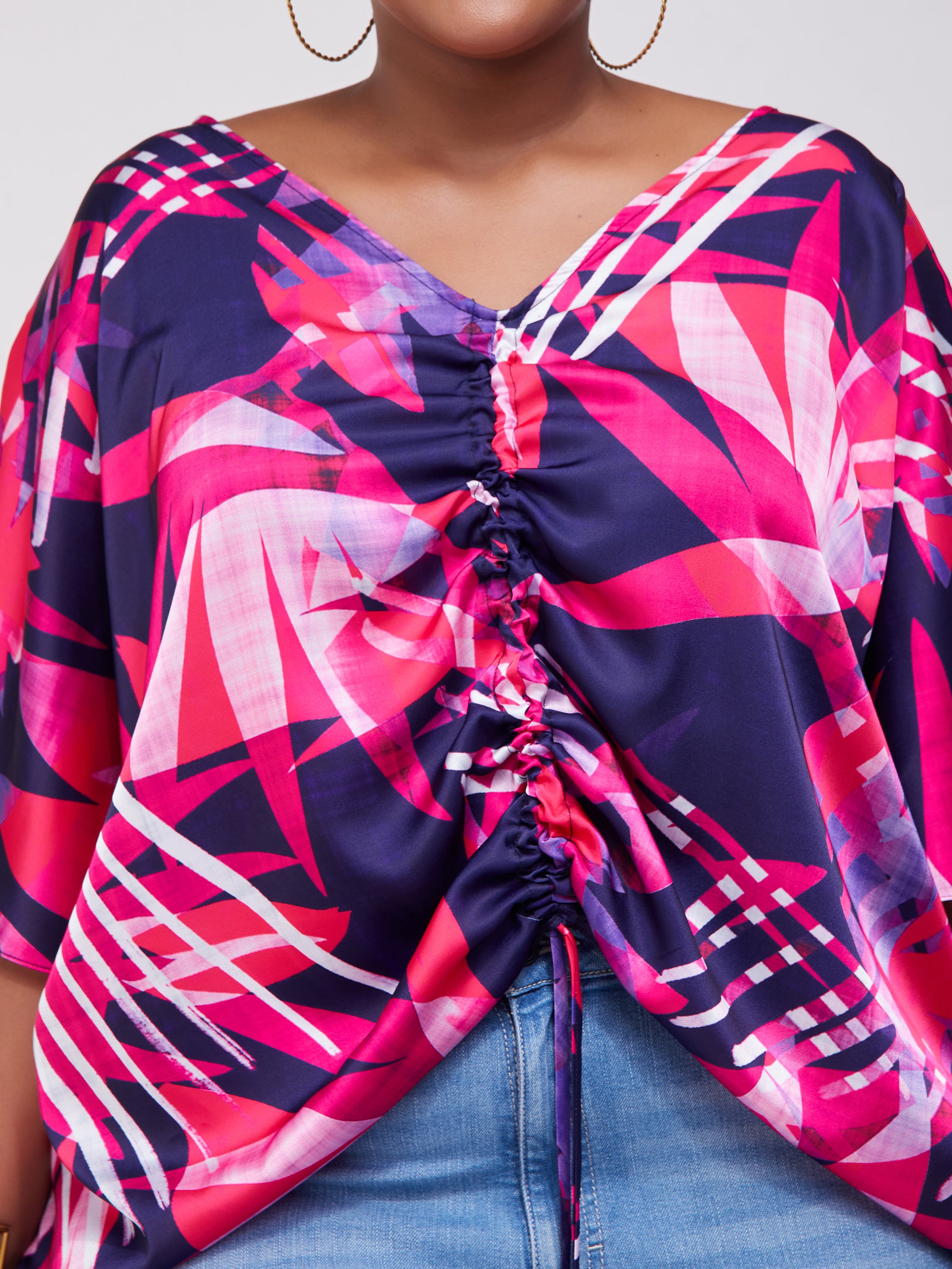 Vivo Lani Scarf Top With Center Drawstring - Pink / Purple Print