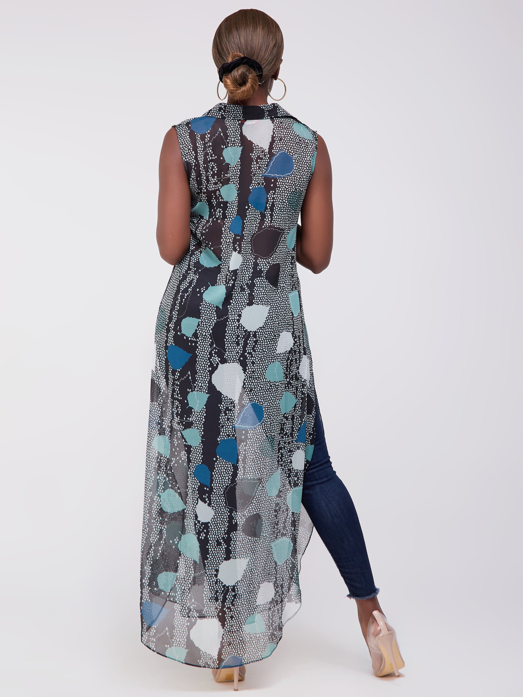 Vivo Sana Chiffon Maxi Side Slit Top - Light Blue / Black Print