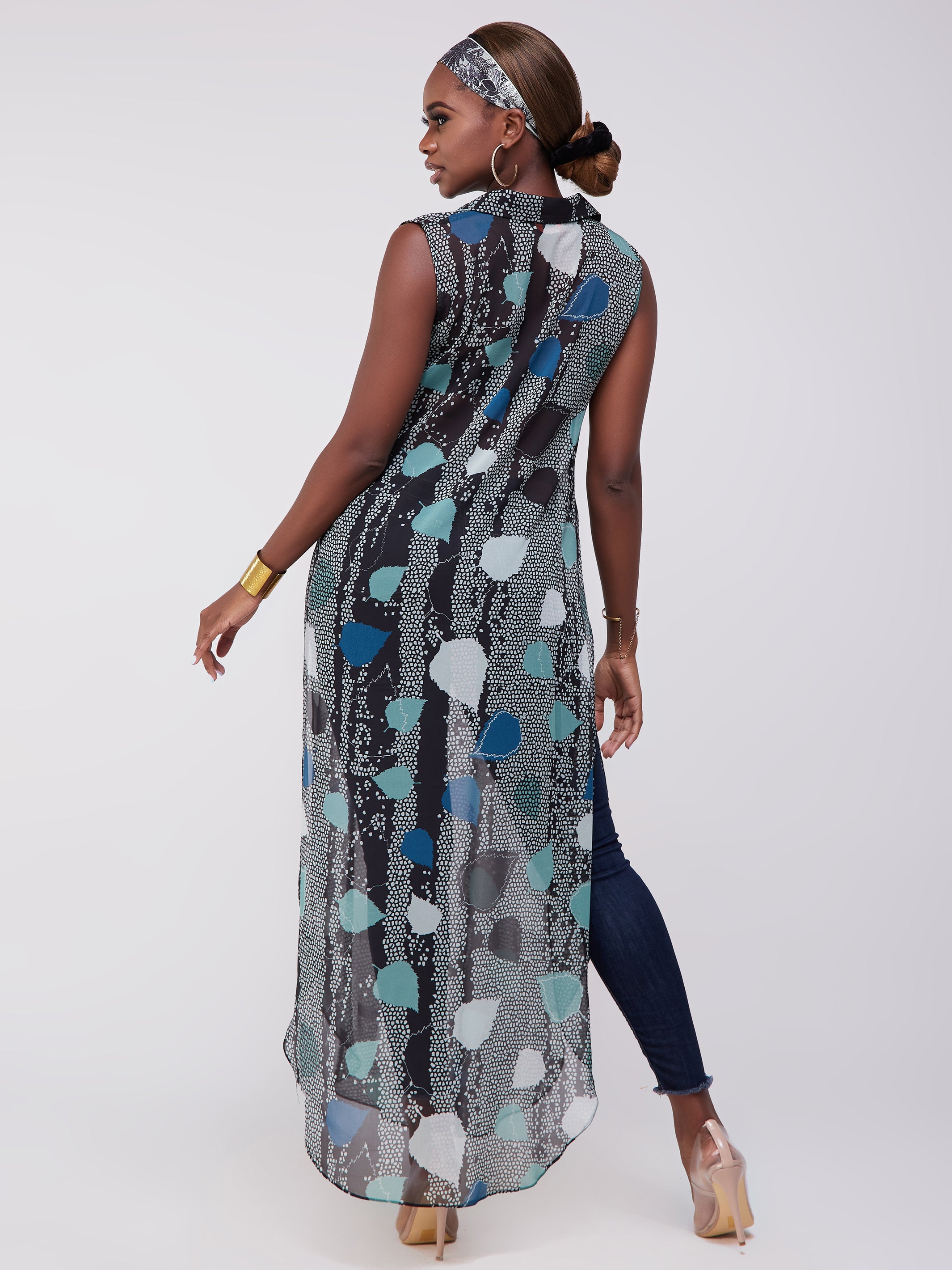 Vivo Sana Chiffon Maxi Side Slit Top - Light Blue / Black Print