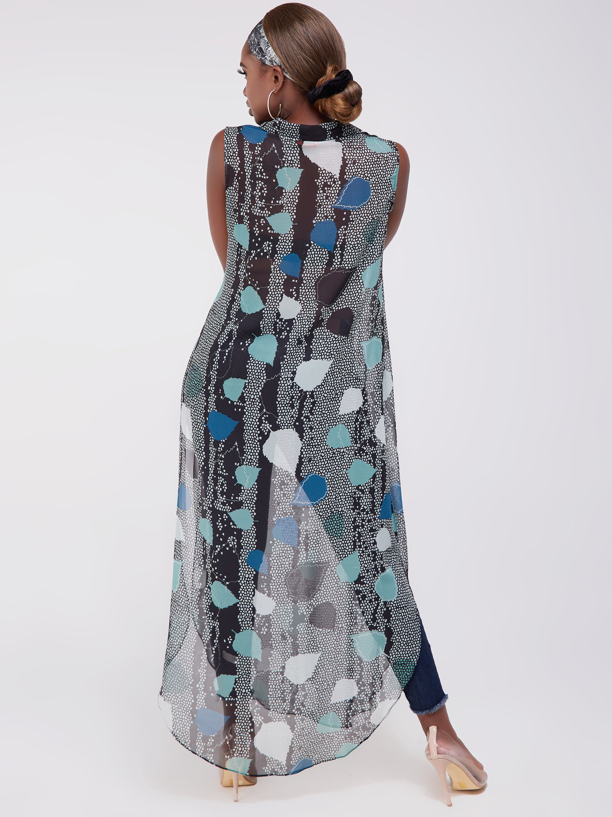 Vivo Sana Chiffon Maxi Side Slit Top - Light Blue / Black Print