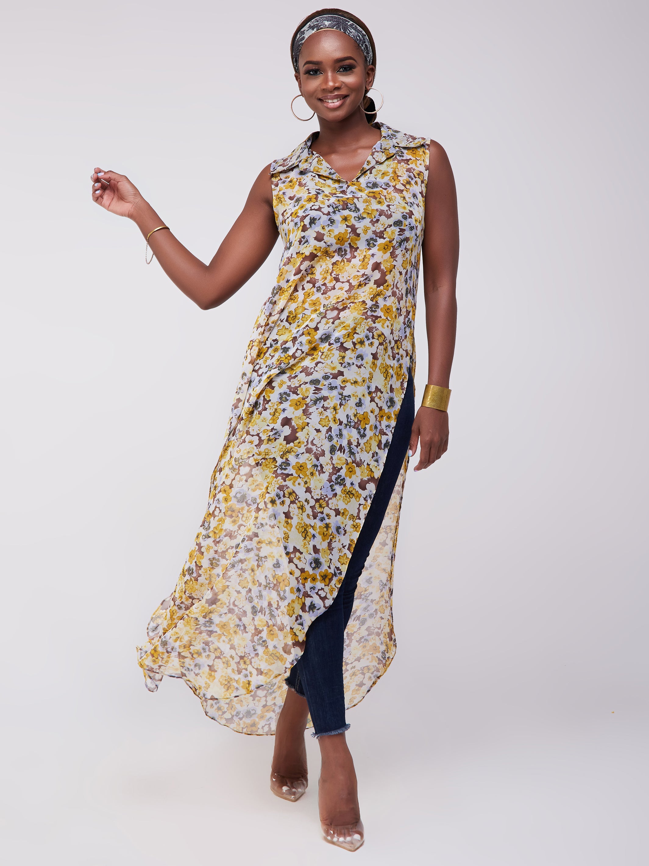 Vivo Sana Chiffon Maxi Side Slit Top - Yellow Print