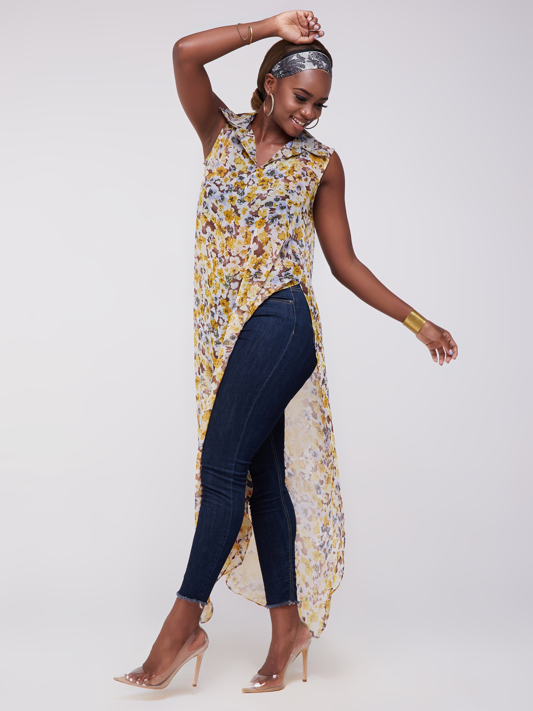 Vivo Sana Chiffon Maxi Side Slit Top - Yellow Print