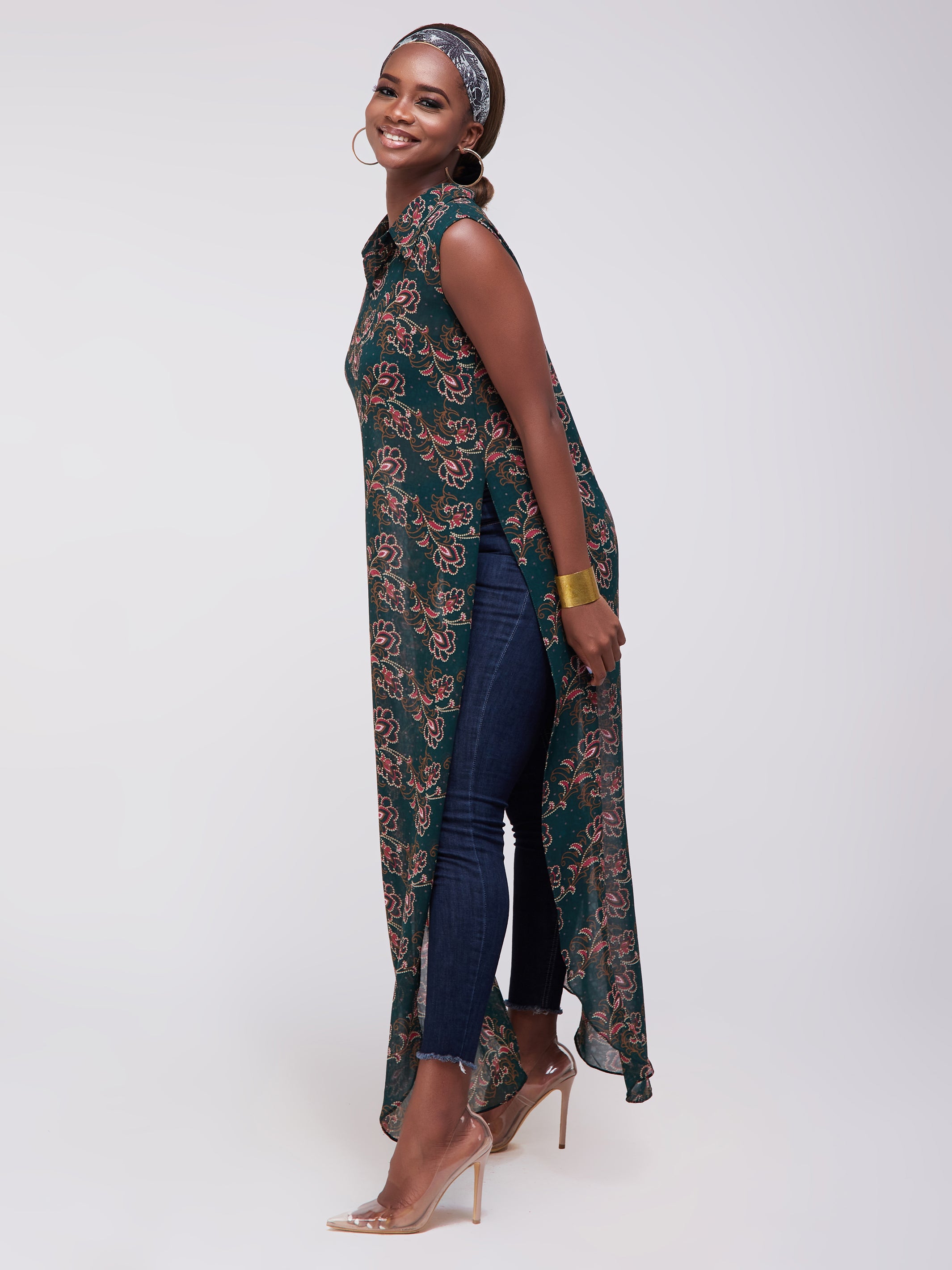 Vivo Sana Chiffon Maxi Side Slit Top - Dark Green Print