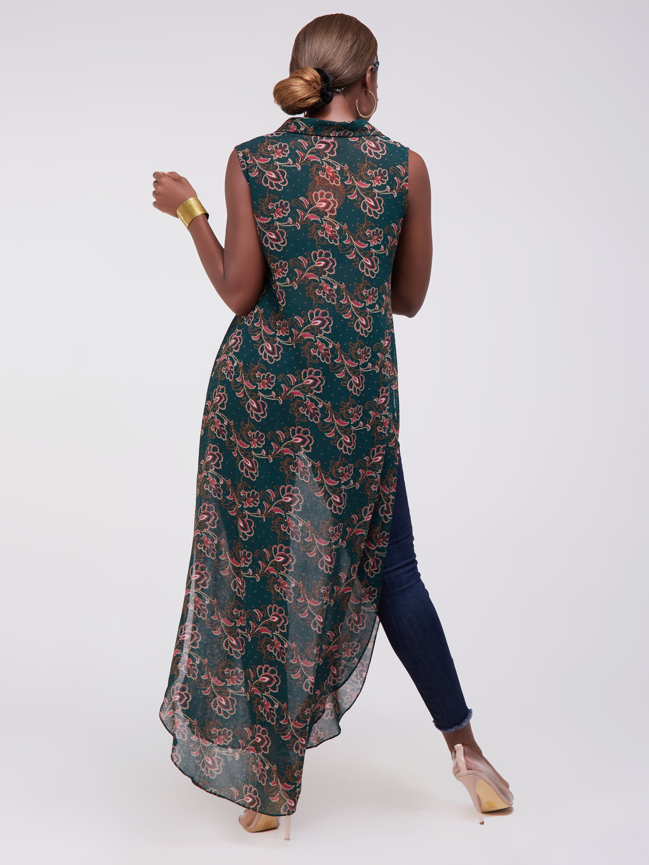 Vivo Sana Chiffon Maxi Side Slit Top - Dark Green Print