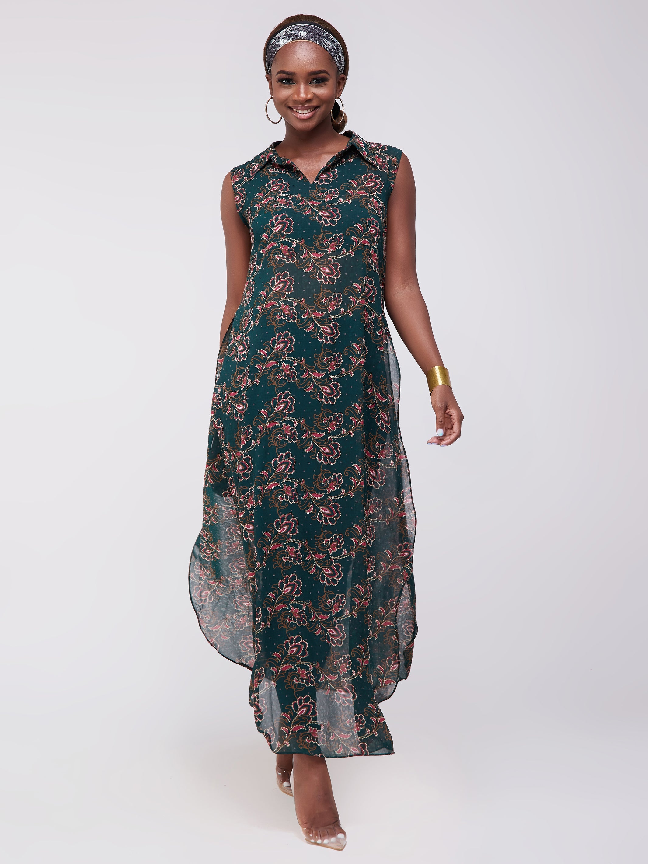 Vivo Sana Chiffon Maxi Side Slit Top - Dark Green Print