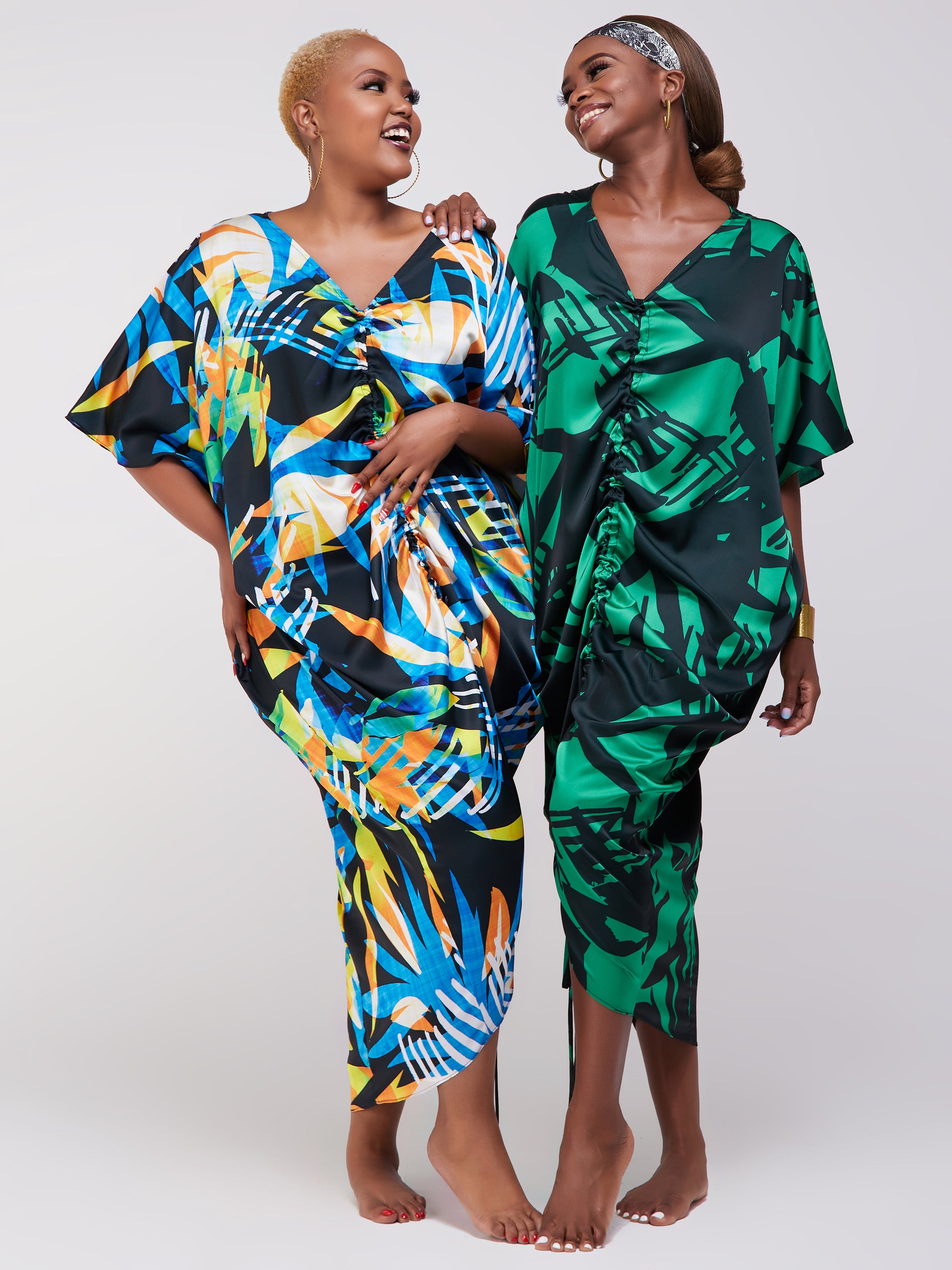 Vivo Lani Satin Scarf Maxi Dress With Center Drawstring - Green / Black Print
