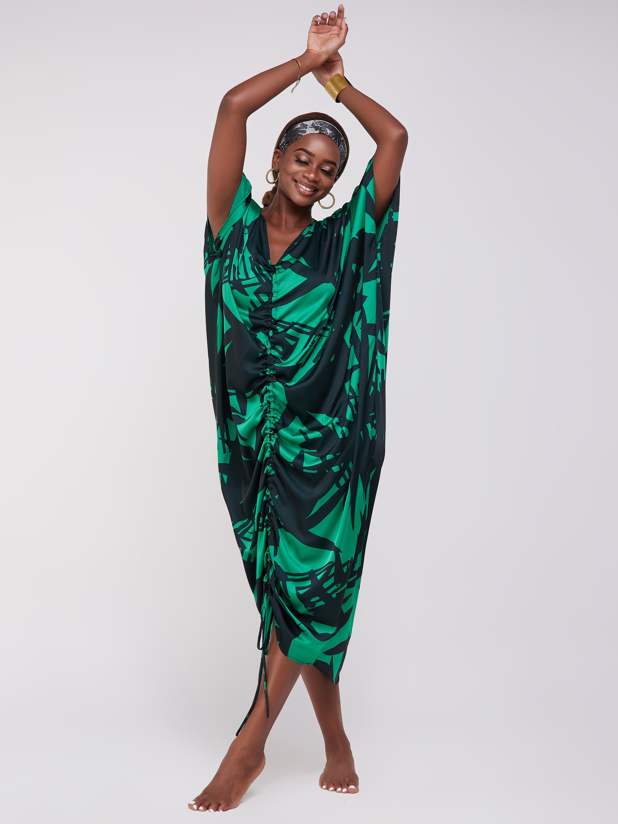 Vivo Lani Satin Scarf Maxi Dress With Center Drawstring - Green / Black Print