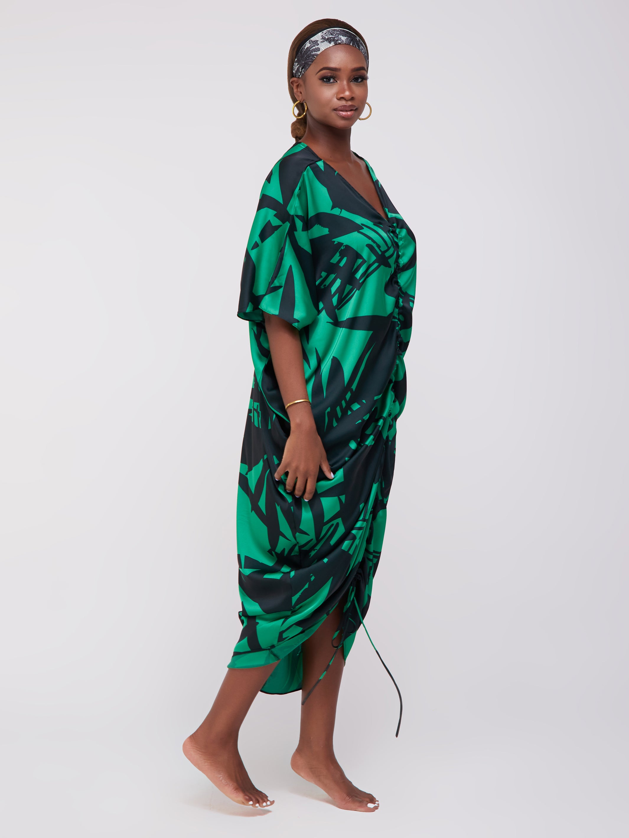 Vivo Lani Satin Scarf Maxi Dress With Center Drawstring - Green / Black Print