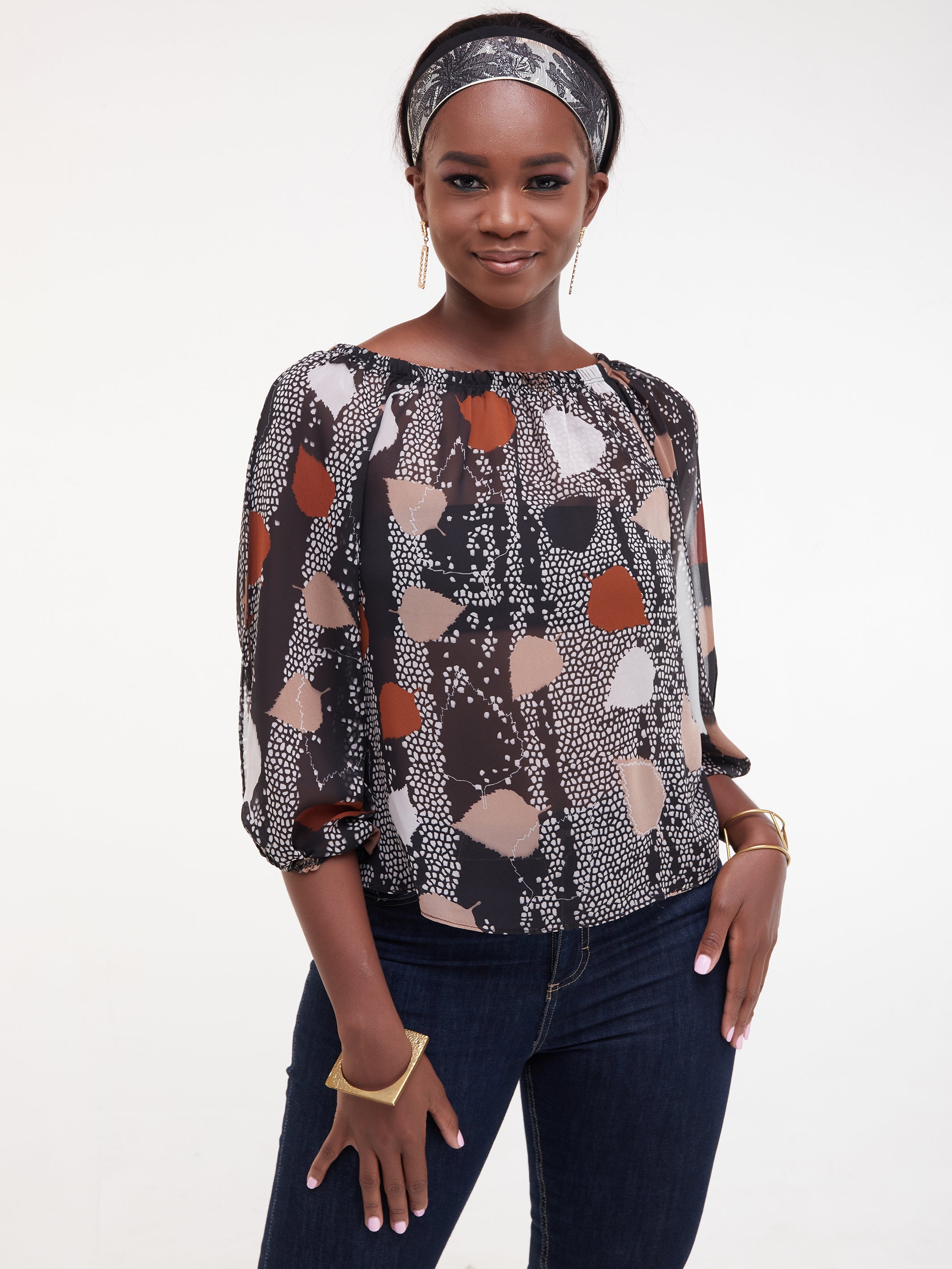 Vivo Sana Off shoulder Top - Black / Brown Print