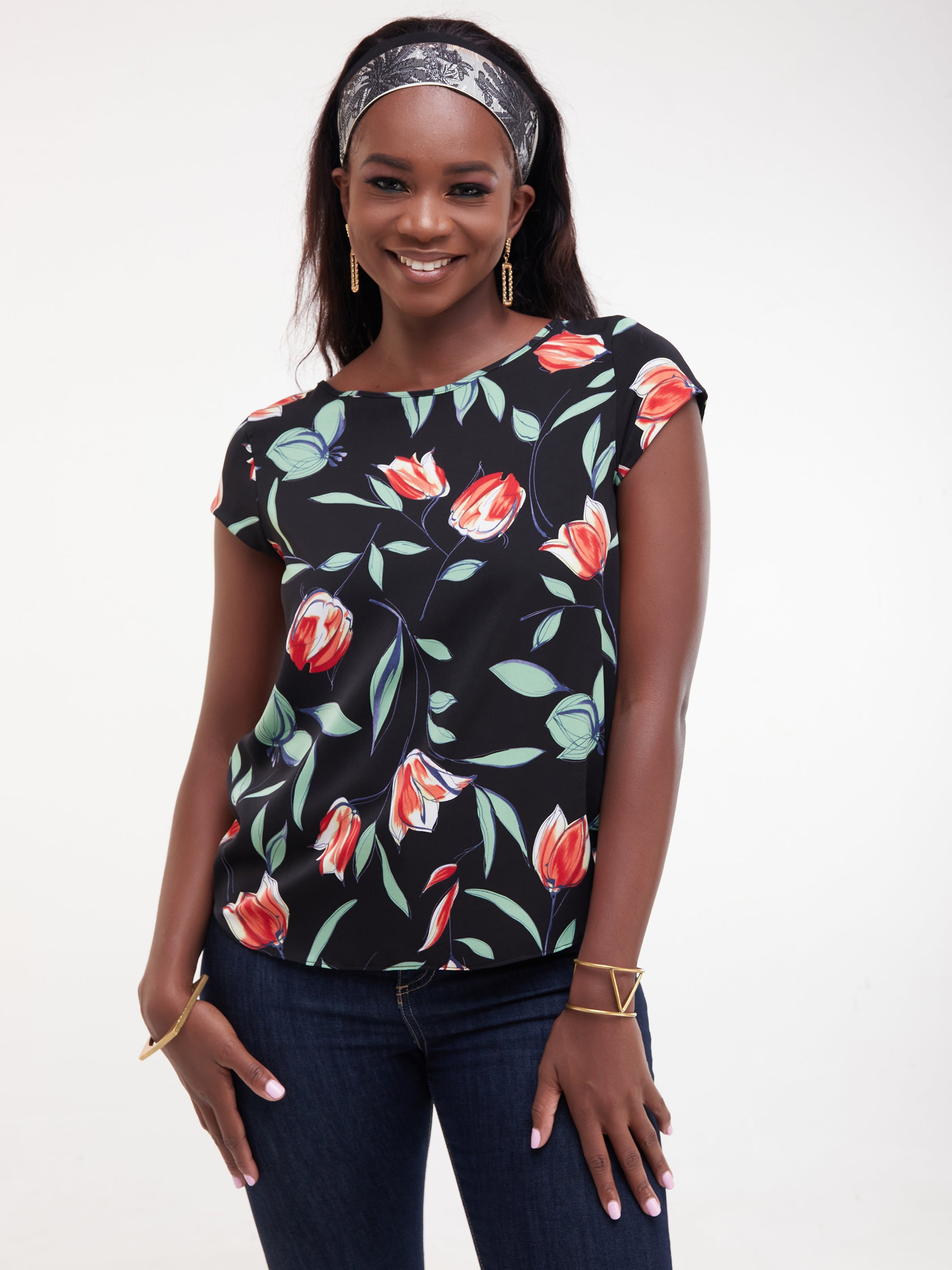 Vivo Basic Crepe Cap Sleeved Top - Navy / Red Print